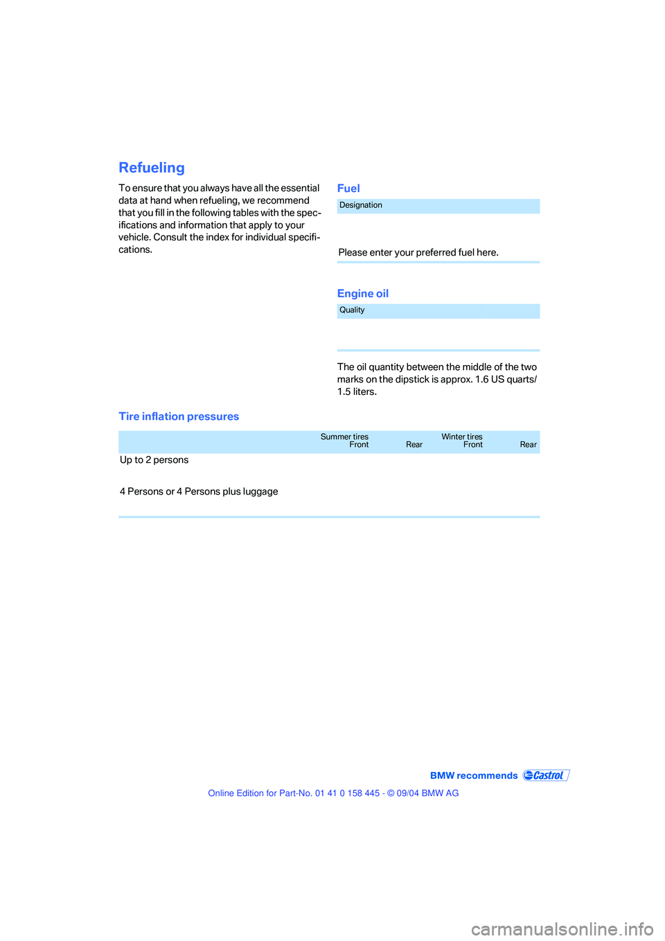 BMW 645CI CONVERTIBLE 2005  Owners Manual Refueling
To ensure that you always have all the essential 
data at hand when refueling, we recommend 
that you fill in the following tables with the spec-
ifications and information that apply to you