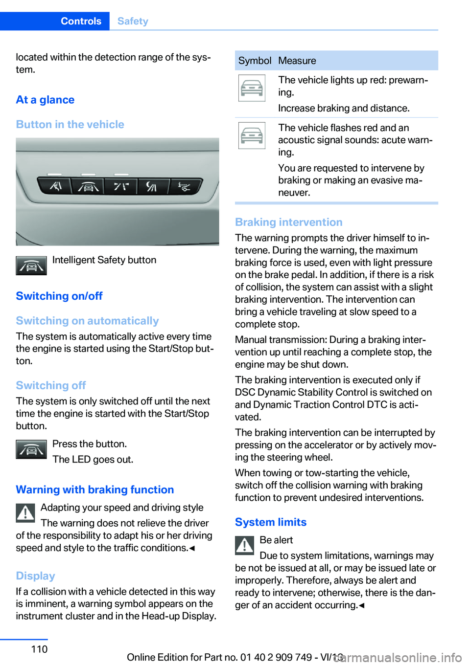 BMW 740I 2014  Owners Manual located within the detection range of the sys‐
tem.
At a glance
Button in the vehicle
Intelligent Safety button
Switching on/off
Switching on automatically The system is automatically active every t