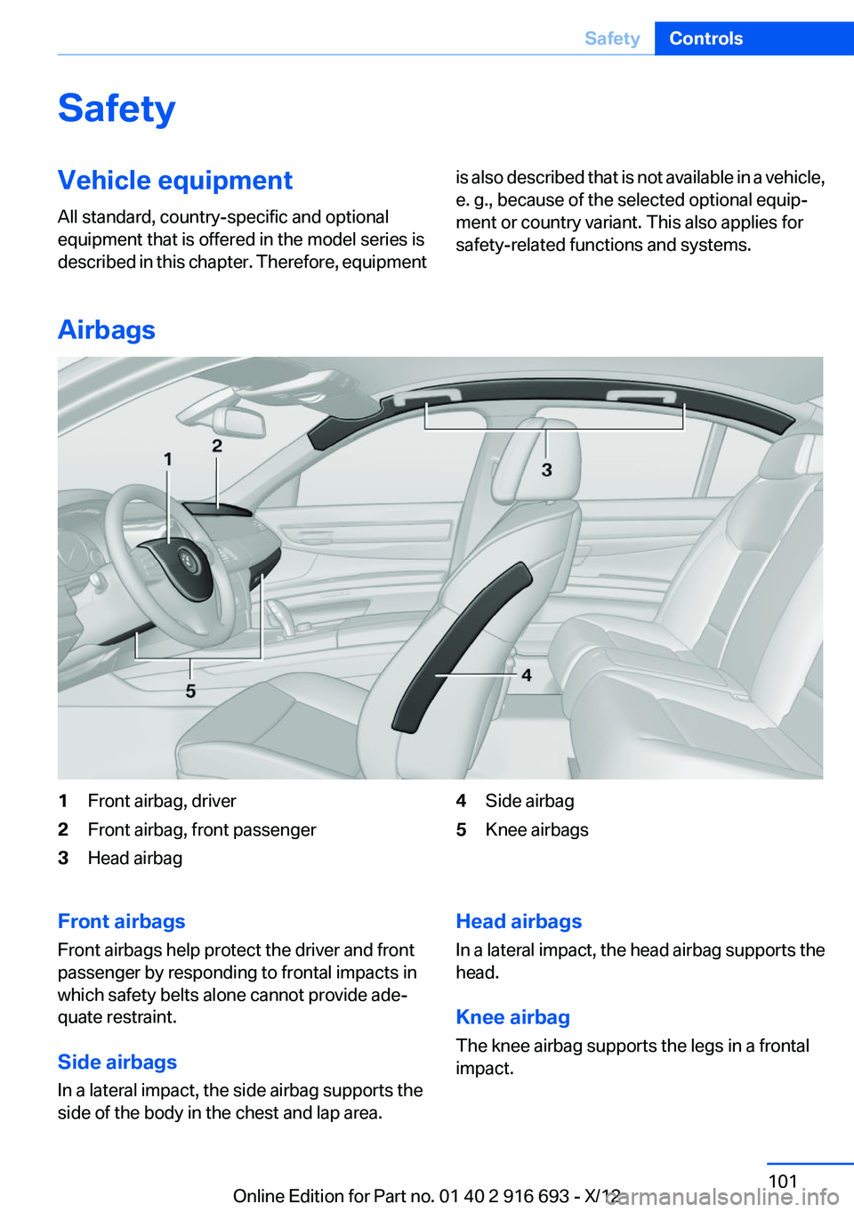BMW 740I 2013  Owners Manual SafetyVehicle equipment
All standard, country-specific and optional
equipment that is offered in the model series is
described in this chapter. Therefore, equipmentis also described that is not availa