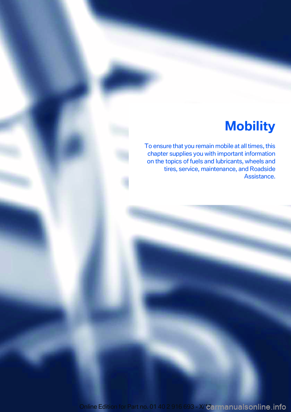 BMW 740I 2013  Owners Manual Mobility
To ensure that you remain mobile at all times, this chapter supplies you with important information
on the topics of fuels and lubricants, wheels and tires, service, maintenance, and Roadside