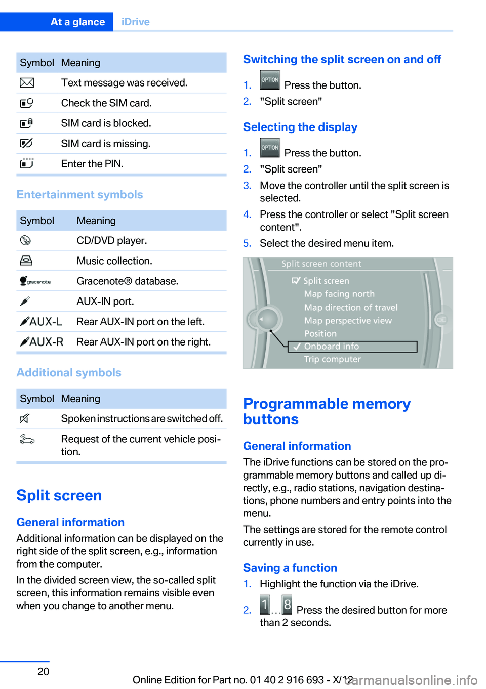 BMW 750I XDRIVE 2013  Owners Manual SymbolMeaning Text message was received. Check the SIM card. SIM card is blocked. SIM card is missing. Enter the PIN.
Entertainment symbols
SymbolMeaning CD/DVD player. Music collection. Gracenote® d