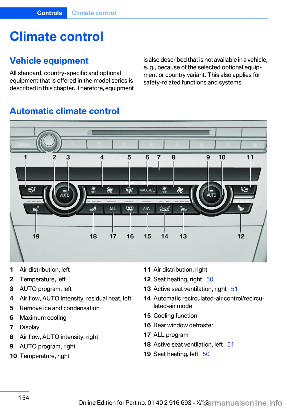 BMW 750LI 2013  Owners Manual Climate controlVehicle equipment
All standard, country-specific and optional
equipment that is offered in the model series is
described in this chapter. Therefore, equipmentis also described that is n