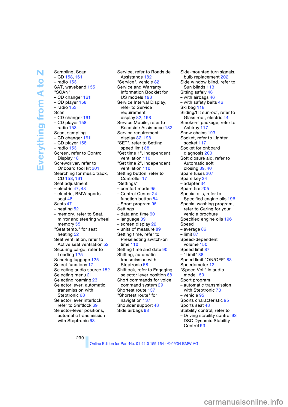 BMW 760LI SEDAN 2005 Owners Manual Everything from A to Z
230 Sampling, Scan
– CD158,161
– radio153
SAT, waveband155
"SCAN"
– CD changer161
– CD player158
– radio153
Scan
– CD changer161
– CD player158
– radio153
Scan, BMW 760LI SEDAN 2005 Owners Manual Everything from A to Z
230 Sampling, Scan
– CD158,161
– radio153
SAT, waveband155
"SCAN"
– CD changer161
– CD player158
– radio153
Scan
– CD changer161
– CD player158
– radio153
Scan,