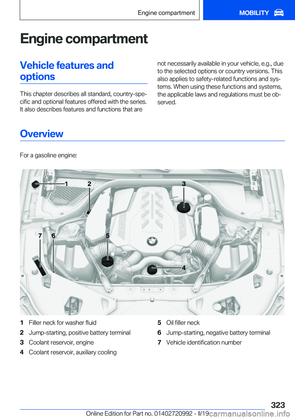 BMW 8 SERIES CONVERTIBLE 2020  Owners Manual �E�n�g�i�n�e��c�o�m�p�a�r�t�m�e�n�t�V�e�h�i�c�l�e��f�e�a�t�u�r�e�s��a�n�d�o�p�t�i�o�n�s
�T�h�i�s��c�h�a�p�t�e�r��d�e�s�c�r�i�b�e�s��a�l�l��s�t�a�n�d�a�r�d�,��c�o�u�n�t�r�y�-�s�p�ej�c�i�f�i�c�