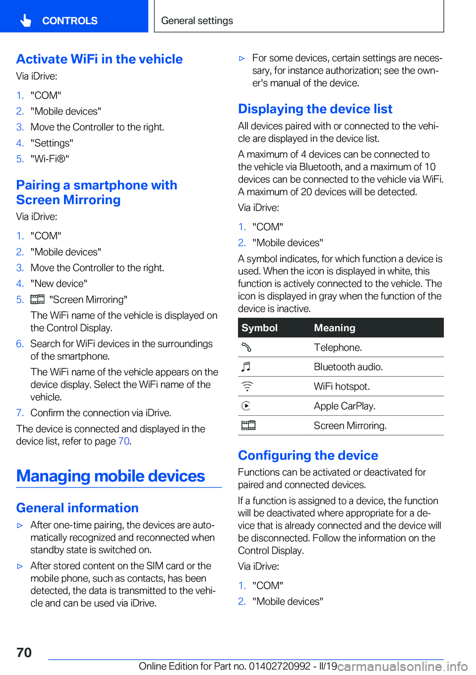 BMW 8 SERIES CONVERTIBLE 2019  Owners Manual �A�c�t�i�v�a�t�e��W�i�F�i��i�n��t�h�e��v�e�h�i�c�l�e�V�i�a��i�D�r�i�v�e�:�1�.��C�O�M��2�.��M�o�b�i�l�e��d�e�v�i�c�e�s��3�.�M�o�v�e��t�h�e��C�o�n�t�r�o�l�l�e�r��t�o��t�h�e��r�i�g�h�t�.�4