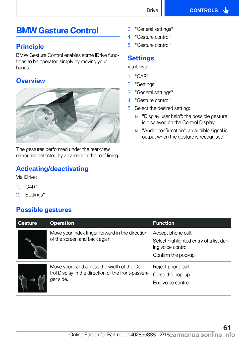 BMW 8 SERIES COUPE 2019  Owners Manual �B�M�W��G�e�s�t�u�r�e��C�o�n�t�r�o�l
�P�r�i�n�c�i�p�l�e�B�M�W��G�e�s�t�u�r�e��C�o�n�t�r�o�l��e�n�a�b�l�e�s��s�o�m�e��i�D�r�i�v�e��f�u�n�cj
�t�i�o�n�s��t�o��b�e��o�p�e�r�a�t�e�d��s�i�m�p�l