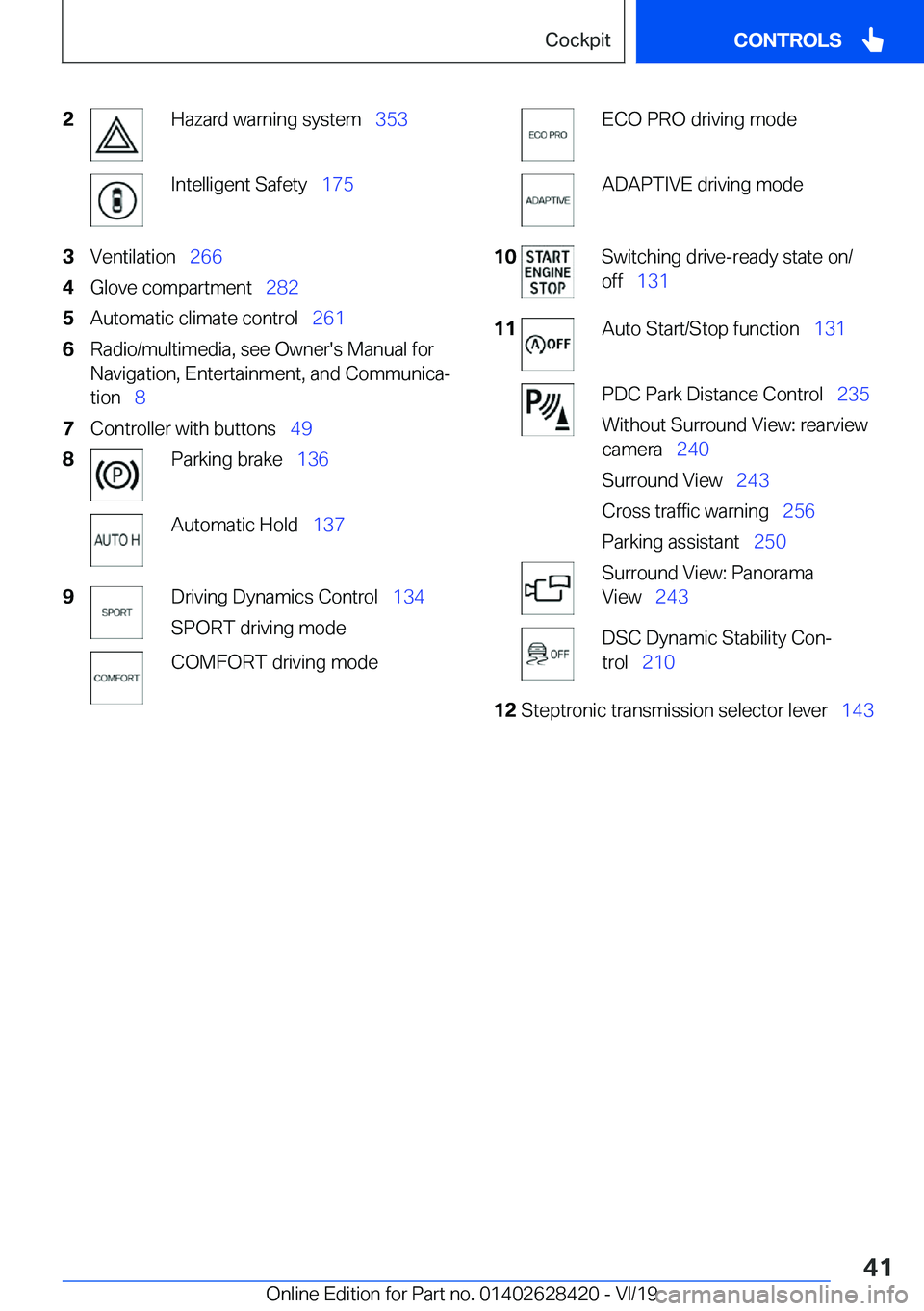BMW 8 SERIES GRAN COUPE 2020  Owners Manual �2�H�a�z�a�r�d��w�a�r�n�i�n�g��s�y�s�t�e�m\_�3�5�3�I�n�t�e�l�l�i�g�e�n�t��S�a�f�e�t�y\_�1�7�5�3�V�e�n�t�i�l�a�t�i�o�n\_�2�6�6�4�G�l�o�v�e��c�o�m�p�a�r�t�m�e�n�t\_ �2�8�2�5�A�u�t�o�m�a�t�i�