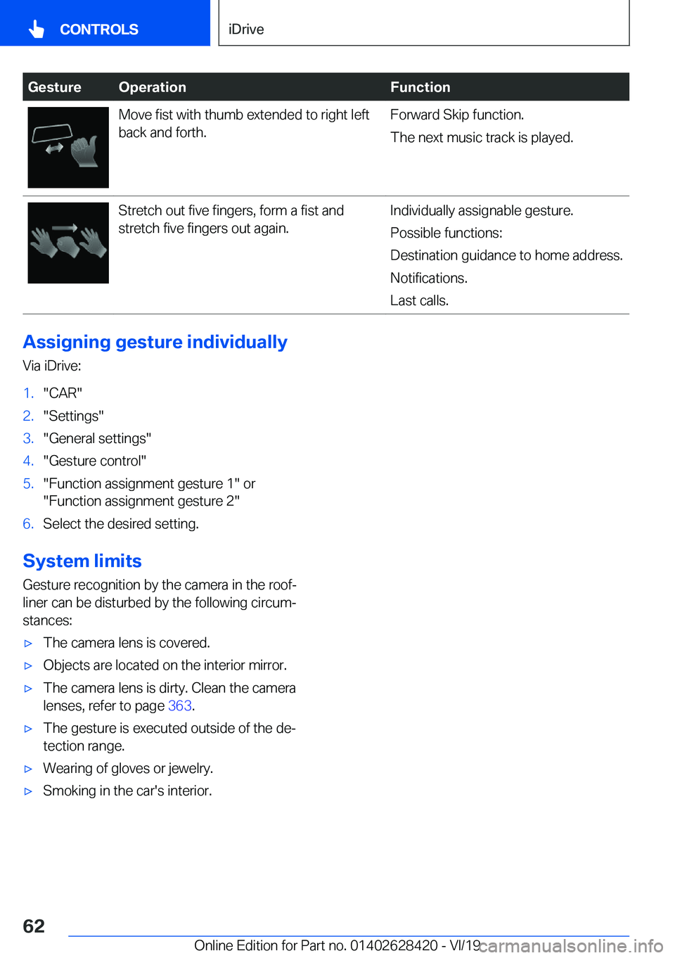 BMW 8 SERIES GRAN COUPE 2020  Owners Manual �G�e�s�t�u�r�e�O�p�e�r�a�t�i�o�n�F�u�n�c�t�i�o�n�M�o�v�e��f�i�s�t��w�i�t�h��t�h�u�m�b��e�x�t�e�n�d�e�d��t�o��r�i�g�h�t��l�e�f�t�b�a�c�k��a�n�d��f�o�r�t�h�.�F�o�r�w�a�r�d��S�k�i�p��f�u�n�c�t