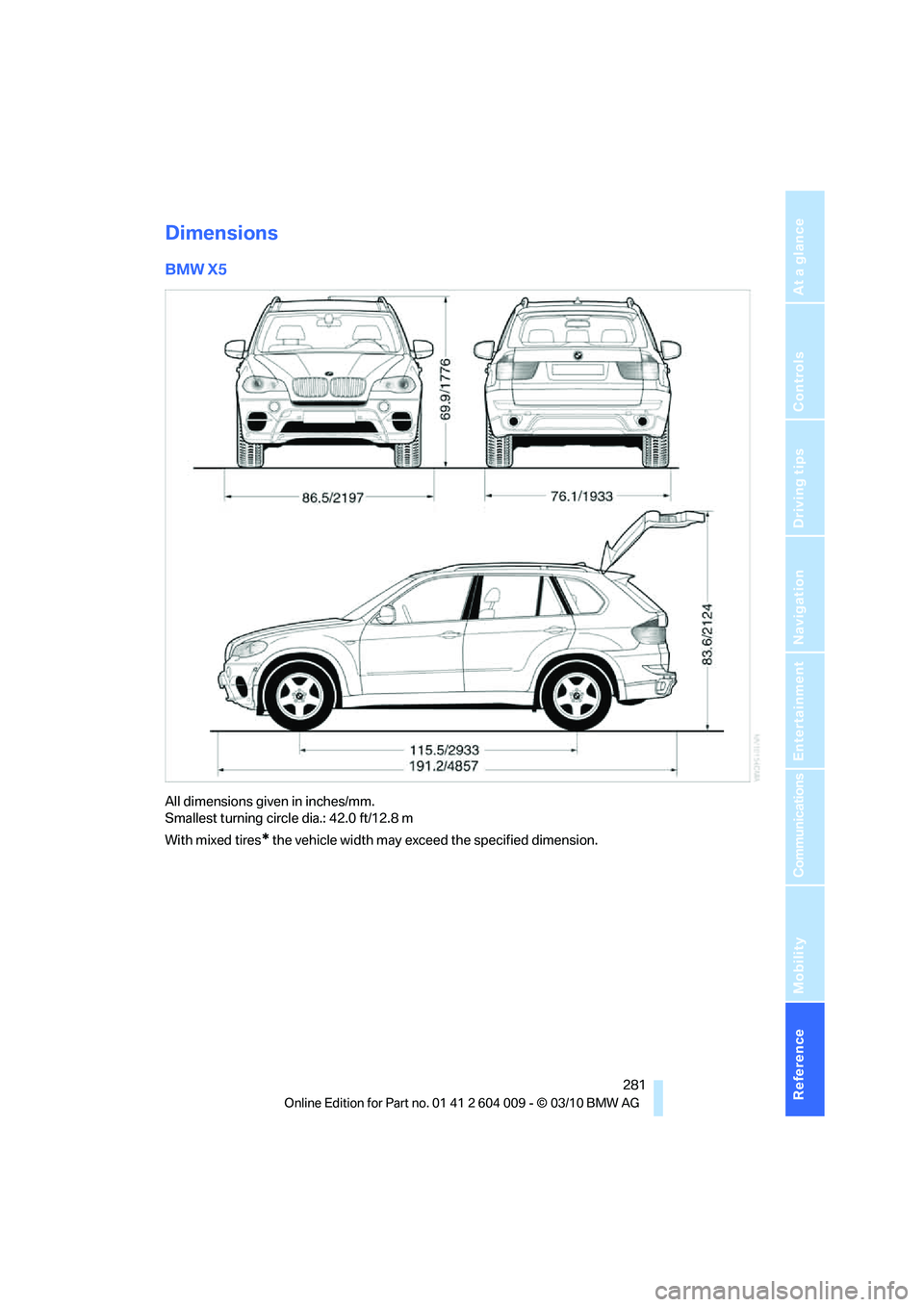 BMW ACTIVEHYBRID X6 2011  Owners Manual Reference 281
At a glance
Controls
Driving tips
Communications
Navigation
Entertainment
Mobility
Dimensions
BMW X5
All dimensions given in inches/mm. 
Smallest turning circle dia.: 42.0 ft/12.8 m
With