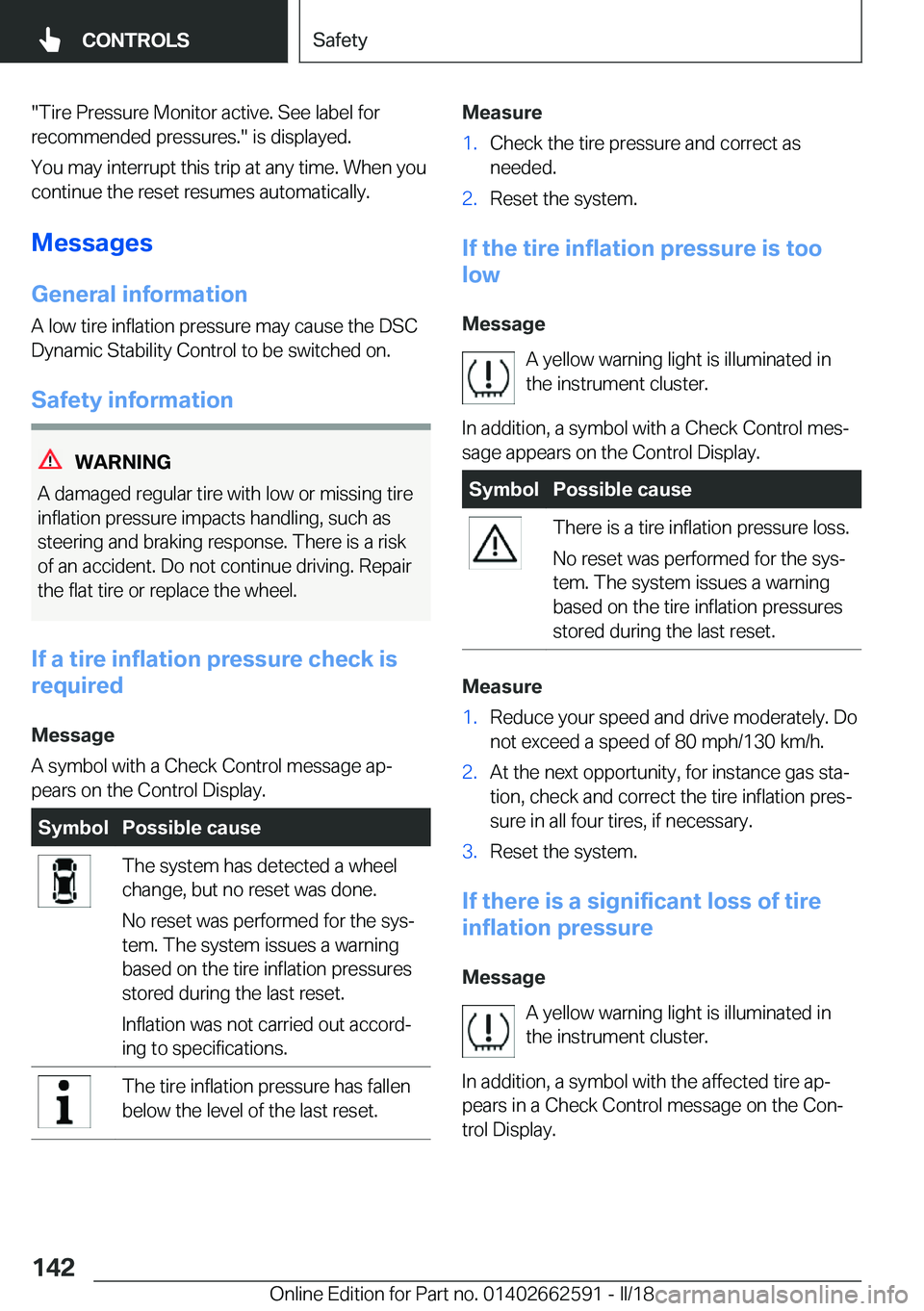 BMW M2 2018  Owners Manual �"�T�i�r�e� �P�r�e�s�s�u�r�e� �M�o�n�i�t�o�r� �a�c�t�i�v�e�.� �S�e�e� �l�a�b�e�l� �f�o�r
�r�e�c�o�m�m�e�n�d�e�d� �p�r�e�s�s�u�r�e�s�.�"� �i�s� �d�i�s�p�l�a�y�e�d�.
�Y�o�u� �m�a�y� �i�n�t�e�r�r