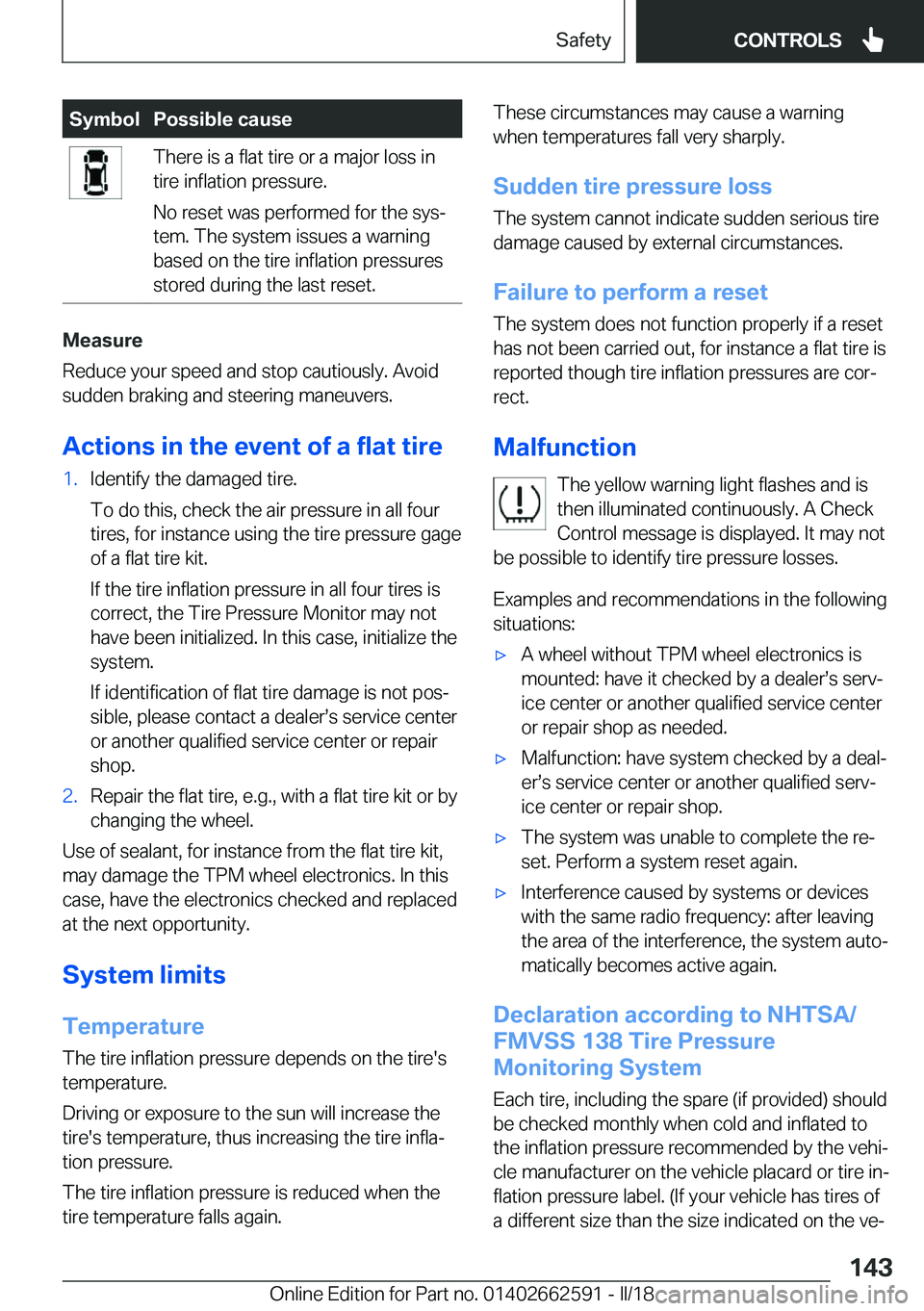 BMW M2 2018  Owners Manual �S�y�m�b�o�l�P�o�s�s�i�b�l�e��c�a�u�s�e�T�h�e�r�e� �i�s� �a� �f�l�a�t� �t�i�r�e� �o�r� �a� �m�a�j�o�r� �l�o�s�s� �i�n�t�i�r�e� �i�n�f�l�a�t�i�o�n� �p�r�e�s�s�u�r�e�.
�N�o� �r�e�s�e�t� �w�a�s� �p�e�r�