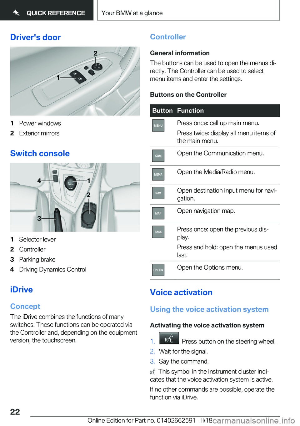 BMW M2 2018  Owners Manual �D�r�i�v�e�r�'�s��d�o�o�r�1�P�o�w�e�r� �w�i�n�d�o�w�s�2�E�x�t�e�r�i�o�r� �m�i�r�r�o�r�s
�S�w�i�t�c�h��c�o�n�s�o�l�e
�1�S�e�l�e�c�t�o�r� �l�e�v�e�r�2�C�o�n�t�r�o�l�l�e�r�3�P�a�r�k�i�n�g� �b�r�a�k