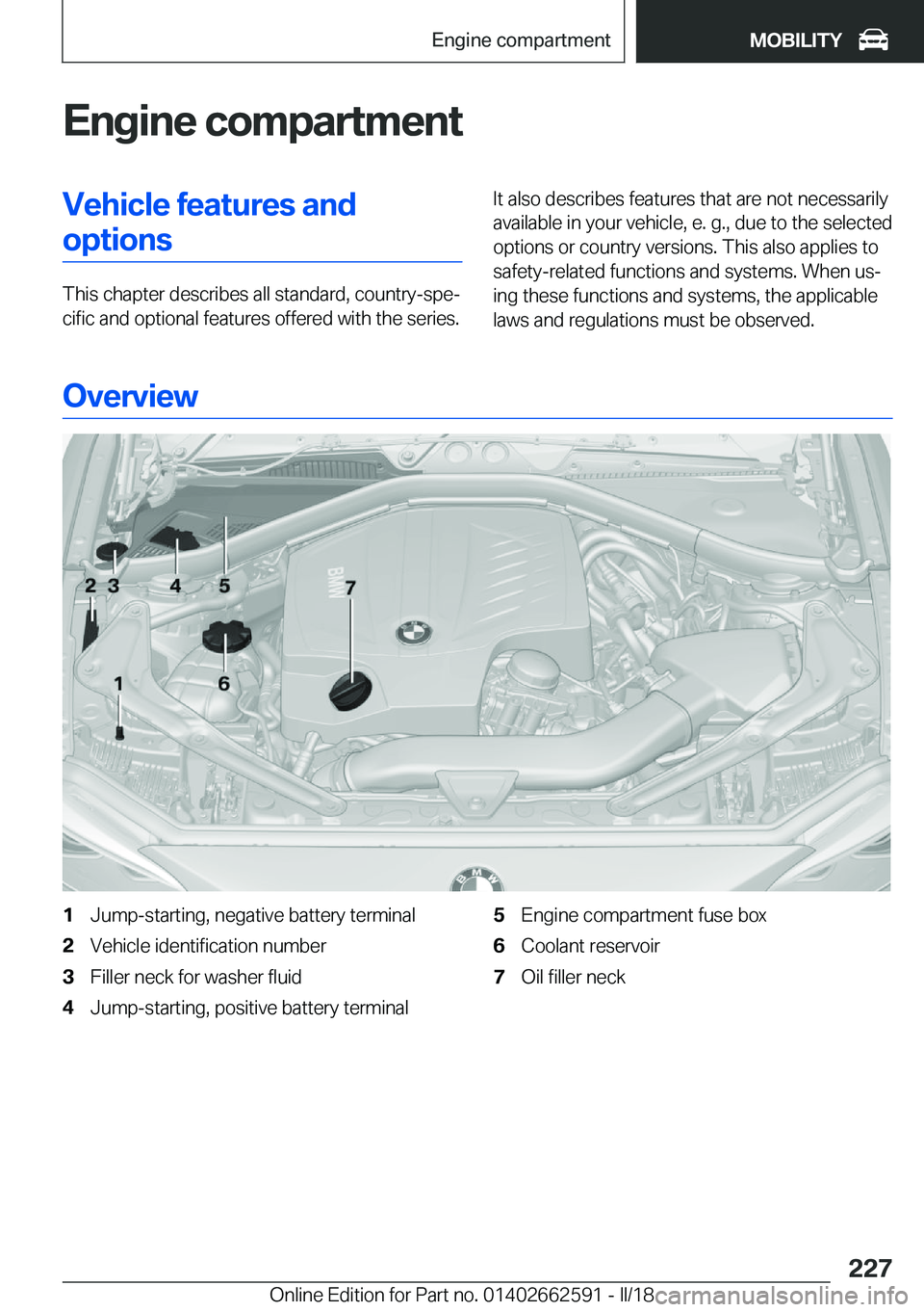 BMW M2 2018  Owners Manual �E�n�g�i�n�e��c�o�m�p�a�r�t�m�e�n�t�V�e�h�i�c�l�e��f�e�a�t�u�r�e�s��a�n�d�o�p�t�i�o�n�s
�T�h�i�s� �c�h�a�p�t�e�r� �d�e�s�c�r�i�b�e�s� �a�l�l� �s�t�a�n�d�a�r�d�,� �c�o�u�n�t�r�y�-�s�p�ej�c�i�f�i�c�