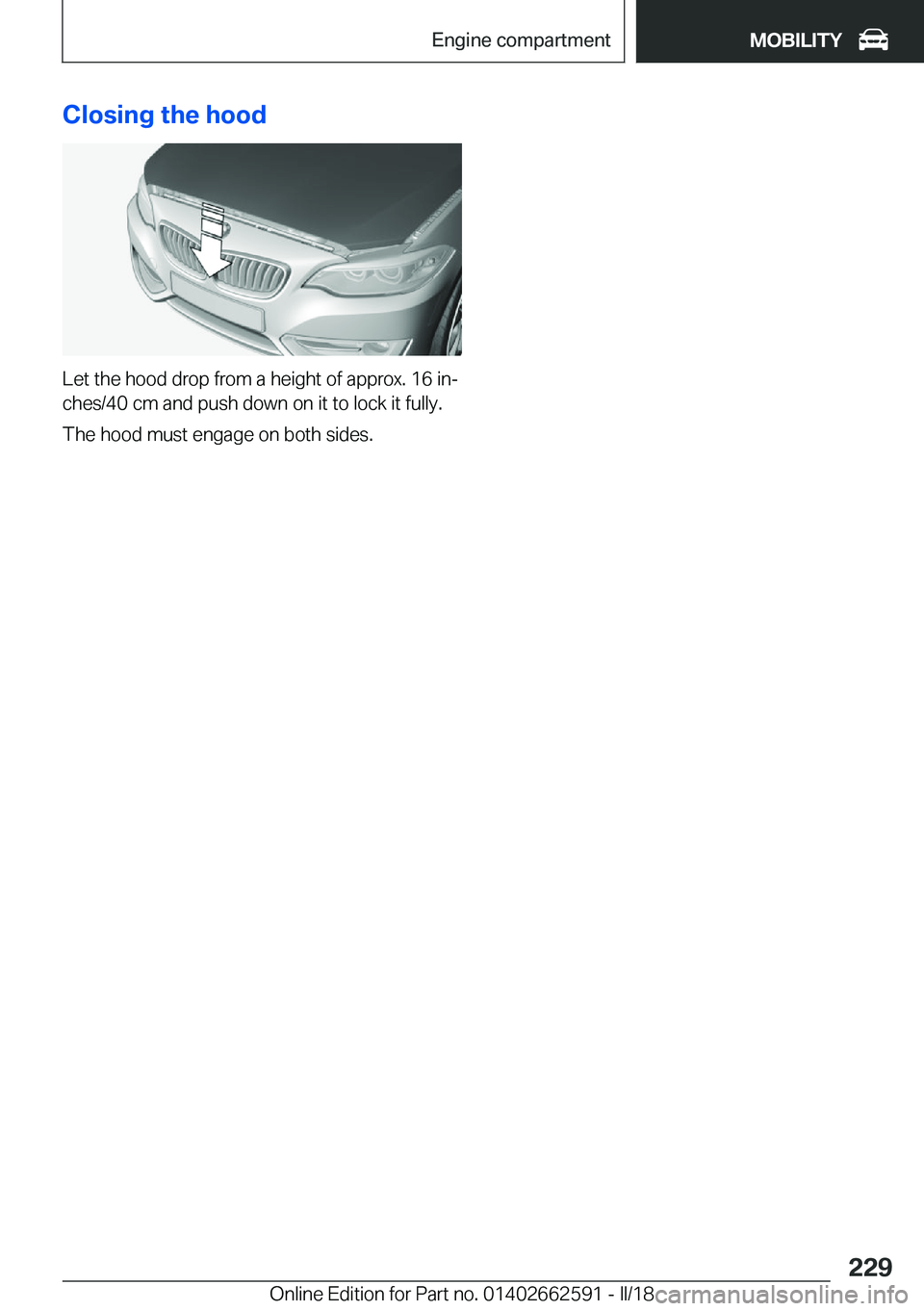 BMW M2 2018  Owners Manual �C�l�o�s�i�n�g��t�h�e��h�o�o�d
�L�e�t� �t�h�e� �h�o�o�d� �d�r�o�p� �f�r�o�m� �a� �h�e�i�g�h�t� �o�f� �a�p�p�r�o�x�.� �1�6� �i�nj
�c�h�e�s�/�4�0� �c�m� �a�n�d� �p�u�s�h� �d�o�w�n� �o�n� �i�t� �t�o� 