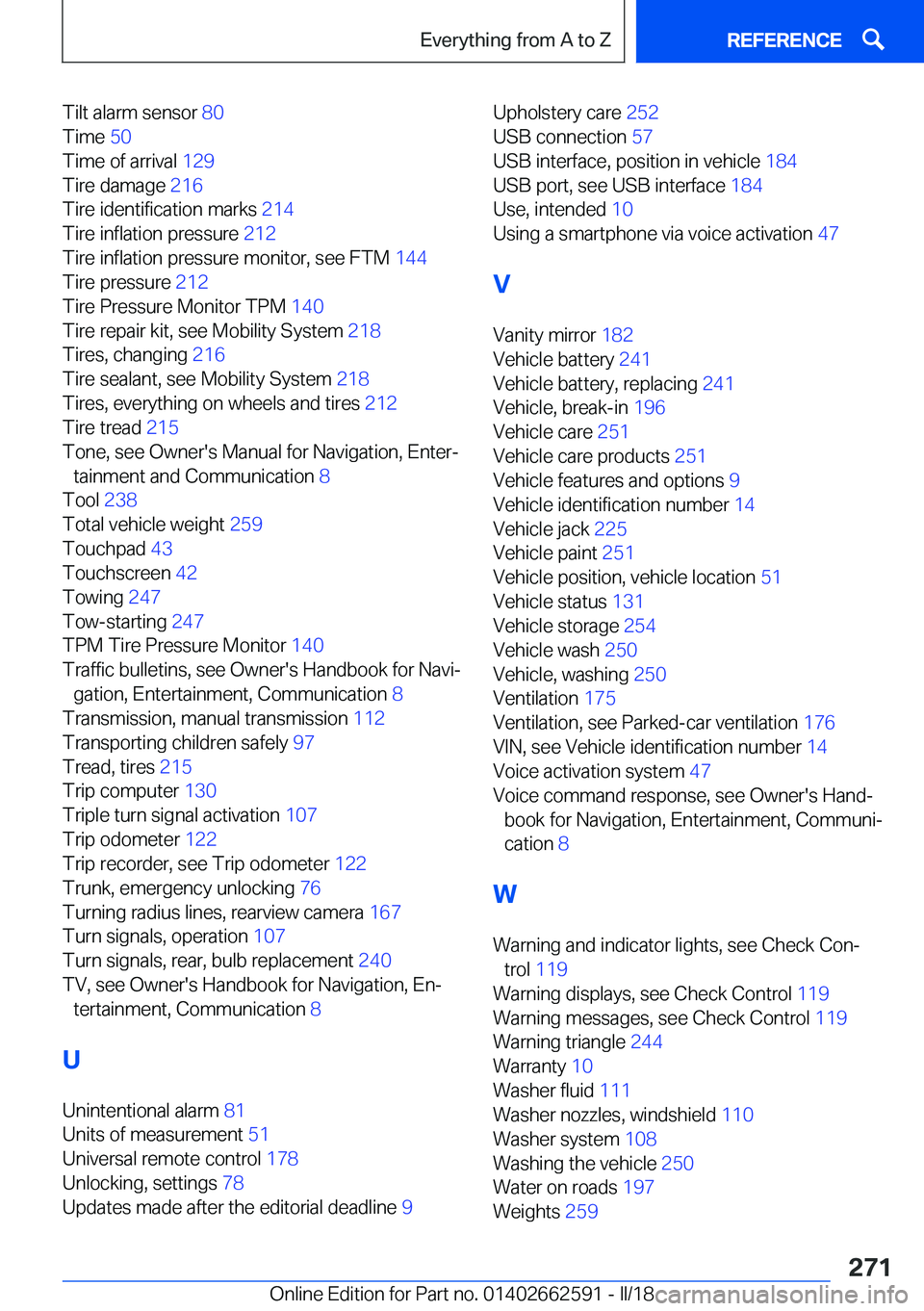 BMW M2 2018  Owners Manual �T�i�l�t� �a�l�a�r�m� �s�e�n�s�o�r� �8�0� 
�T�i�m�e�  �5�0� 
�T�i�m�e� �o�f� �a�r�r�i�v�a�l�  �1�2�9� 
�T�i�r�e� �d�a�m�a�g�e�  �2�1�6� 
�T�i�r�e� �i�d�e�n�t�i�f�i�c�a�t�i�o�n� �m�a�r�k�s�  �2�1�4� 
�