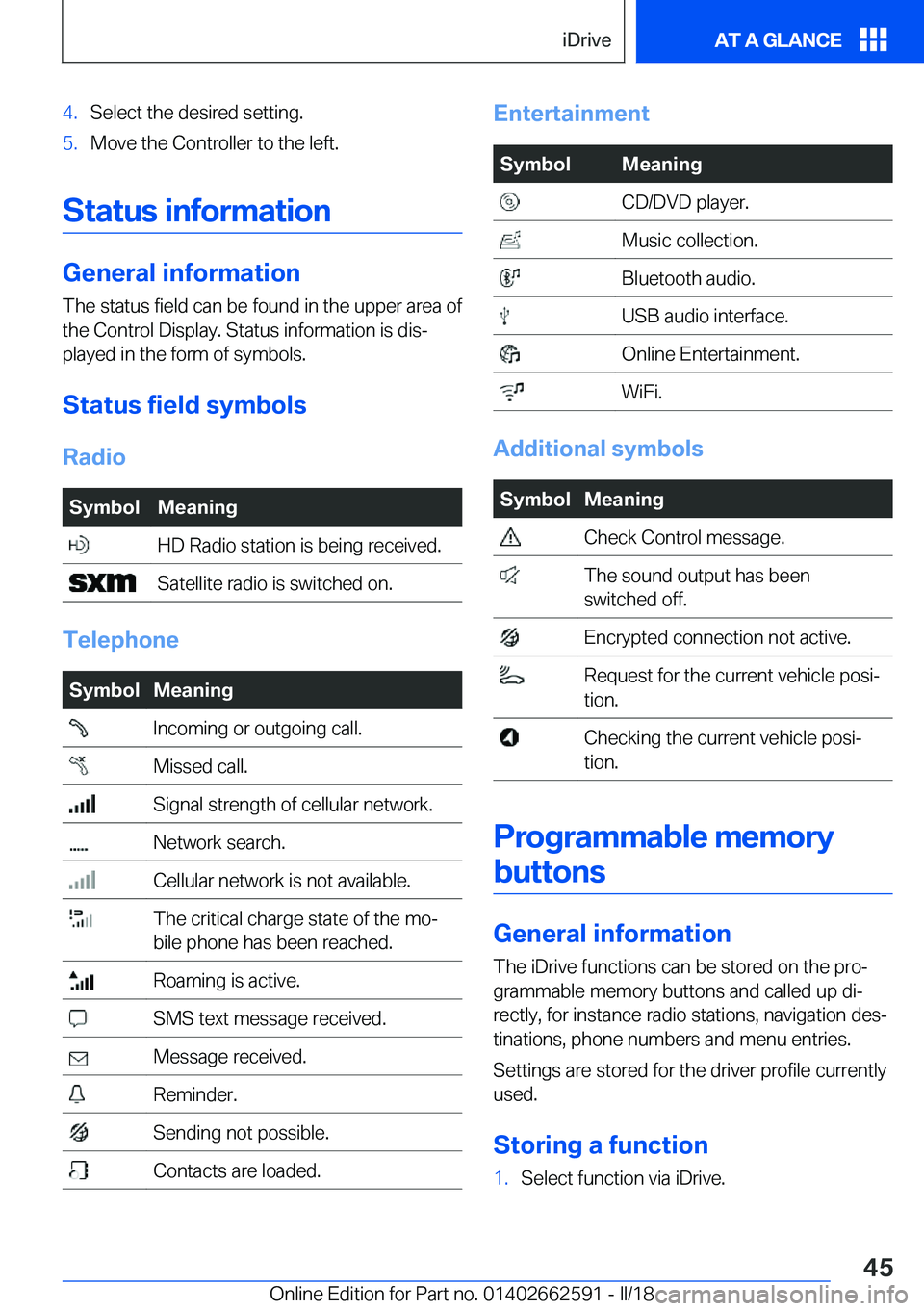 BMW M2 2018  Owners Manual �4�.�S�e�l�e�c�t� �t�h�e� �d�e�s�i�r�e�d� �s�e�t�t�i�n�g�.�5�.�M�o�v�e� �t�h�e� �C�o�n�t�r�o�l�l�e�r� �t�o� �t�h�e� �l�e�f�t�.
�S�t�a�t�u�s��i�n�f�o�r�m�a�t�i�o�n
�G�e�n�e�r�a�l��i�n�f�o�r�m�a�t�i�o
