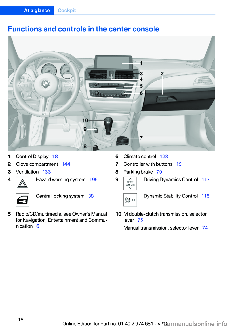 BMW M2 2017  Owners Manual �F�u�n�c�t�i�o�n�s��a�n�d��c�o�n�t�r�o�l�s��i�n��t�h�e��c�e�n�t�e�r��c�o�n�s�o�l�e�1�C�o�n�t�r�o�l� �D�i�s�p�l�a�y\_�1�8�2�G�l�o�v�e� �c�o�m�p�a�r�t�m�e�n�t\_ �1�4�4�3�V�e�n�t�i�l�a�t�i�o�n
