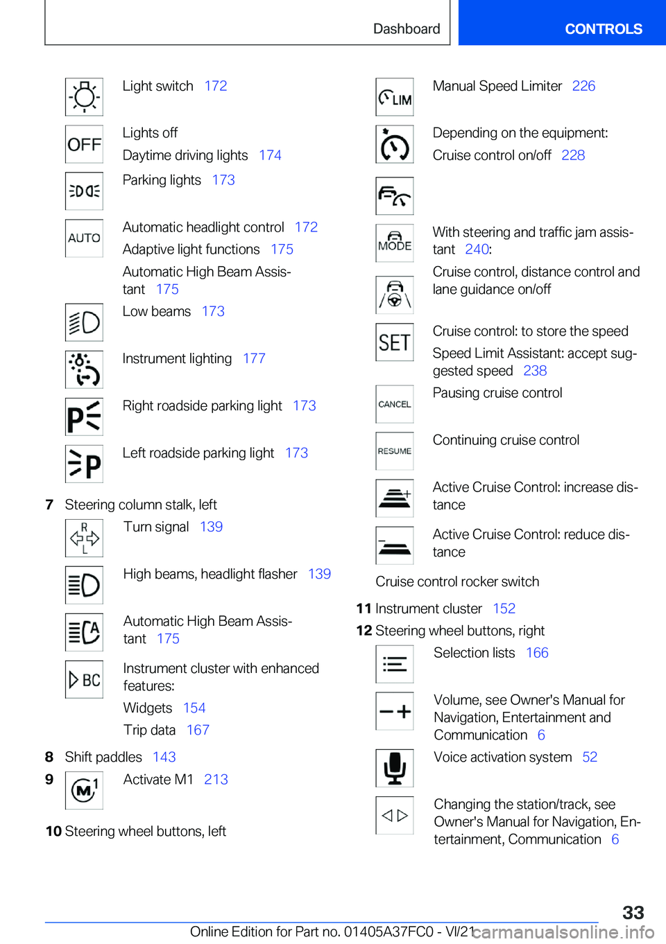BMW M3 2022  Owners Manual �L�i�g�h�t��s�w�i�t�c�h#\#_�1�7�2�L�i�g�h�t�s��o�f�f
�D�a�y�t�i�m�e��d�r�i�v�i�n�g��l�i�g�h�t�s#\#_ �1�7�4�P�a�r�k�i�n�g��l�i�g�h�t�s#\#_�1�7�3�A�u�t�o�m�a�t�i�c��h�e�a�d�l�i�g�h�t��c�o�n�t�r�o