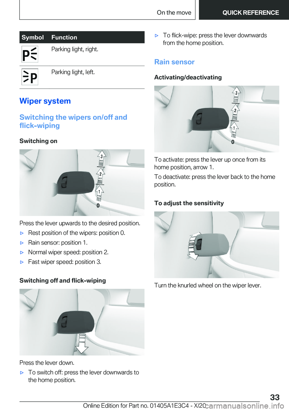 BMW M4 2021  Owners Manual �S�y�m�b�o�l�F�u�n�c�t�i�o�n�P�a�r�k�i�n�g��l�i�g�h�t�,��r�i�g�h�t�.�P�a�r�k�i�n�g��l�i�g�h�t�,��l�e�f�t�.
�W�i�p�e�r��s�y�s�t�e�m
�S�w�i�t�c�h�i�n�g��t�h�e��w�i�p�e�r�s��o�n�/�o�f�f��a�n�d
�