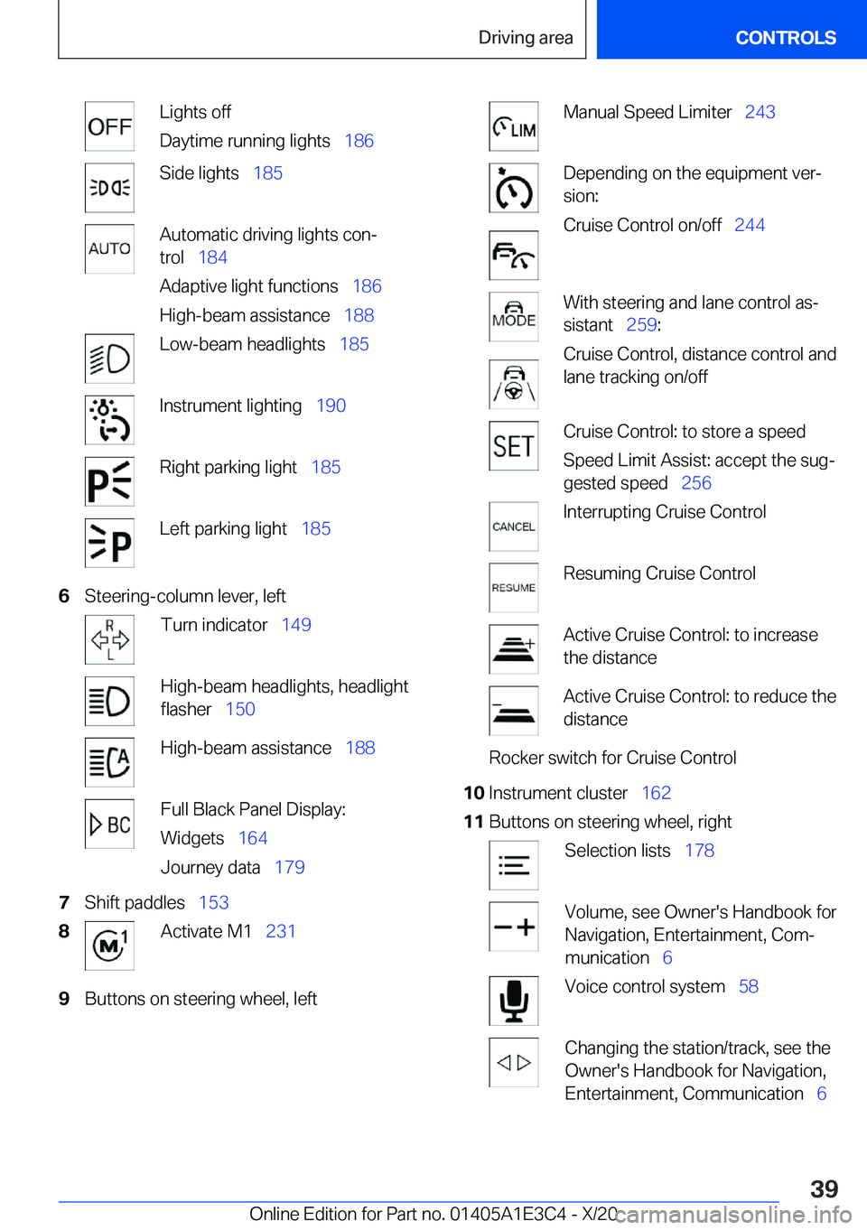 BMW M4 2021  Owners Manual �L�i�g�h�t�s��o�f�f
�D�a�y�t�i�m�e��r�u�n�n�i�n�g��l�i�g�h�t�s\_ �1�8�6�S�i�d�e��l�i�g�h�t�s\_�1�8�5�A�u�t�o�m�a�t�i�c��d�r�i�v�i�n�g��l�i�g�h�t�s��c�o�nj
�t�r�o�l\_ �1�8�4
�A�d�a�p�t�i�
