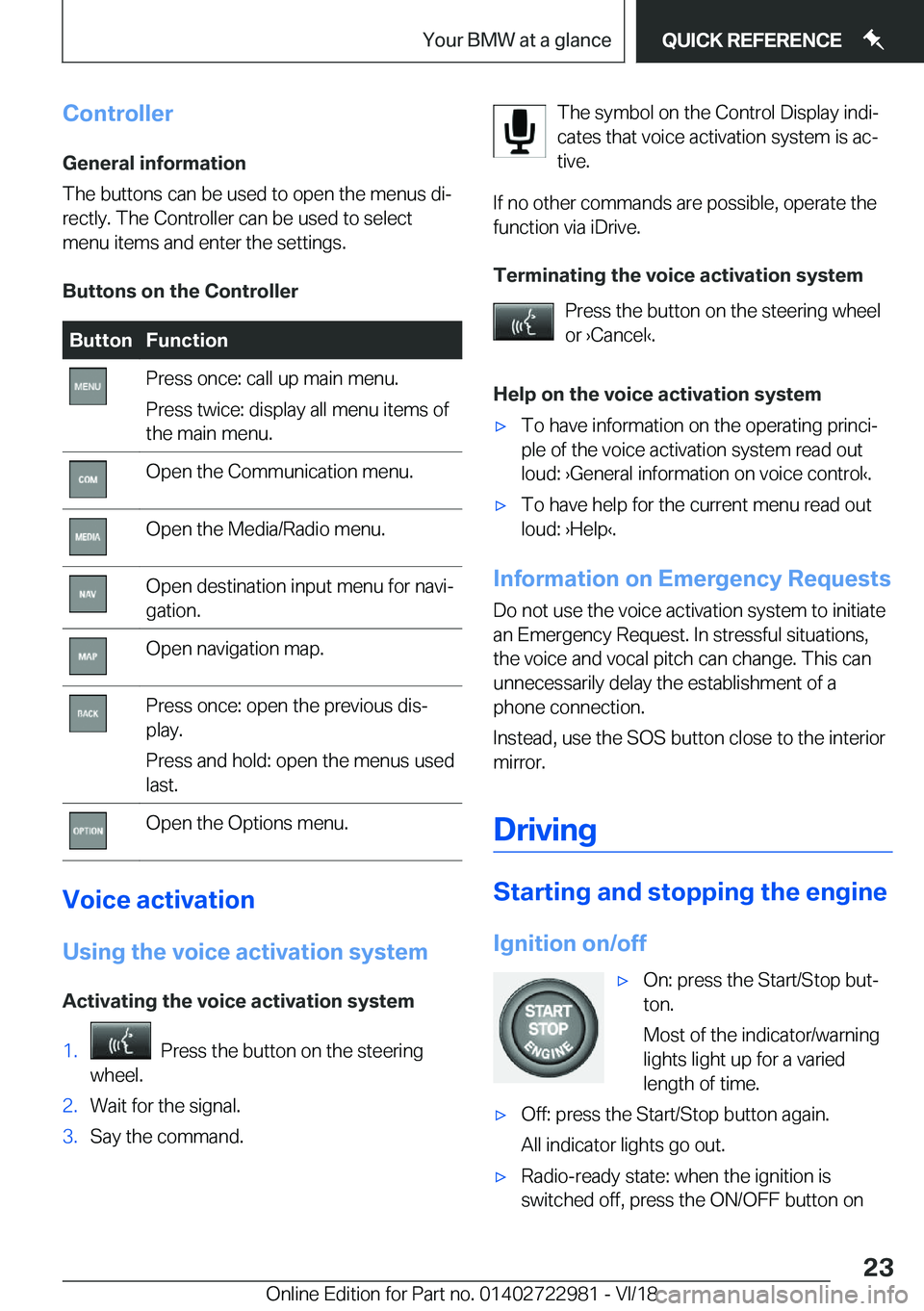 BMW M4 2019  Owners Manual �C�o�n�t�r�o�l�l�e�r�G�e�n�e�r�a�l��i�n�f�o�r�m�a�t�i�o�n
�T�h�e��b�u�t�t�o�n�s��c�a�n��b�e��u�s�e�d��t�o��o�p�e�n��t�h�e��m�e�n�u�s��d�ij
�r�e�c�t�l�y�.��T�h�e��C�o�n�t�r�o�l�l�e�r��c�a