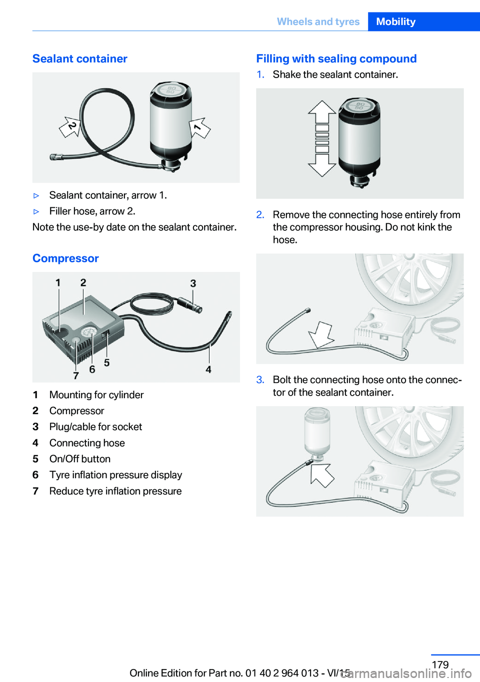 BMW M4 2016  Owners Manual Sealant container▷Sealant container, arrow 1.▷Filler hose, arrow 2.
Note the use-by date on the sealant container.
Compressor
1Mounting for cylinder2Compressor3Plug/cable for socket4Connecting hos
