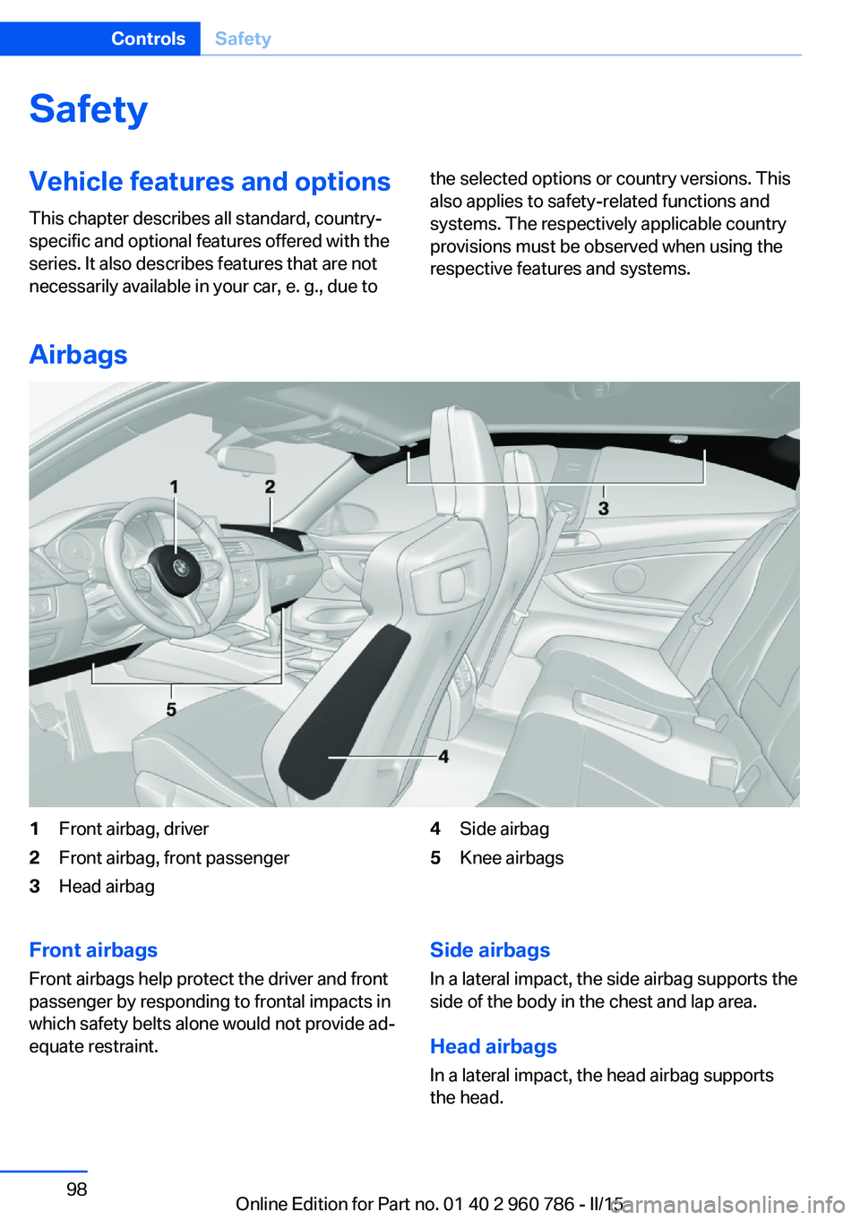 BMW M4 2015  Owners Manual SafetyVehicle features and options
This chapter describes all standard, country-
specific and optional features offered with the
series. It also describes features that are not
necessarily available i
