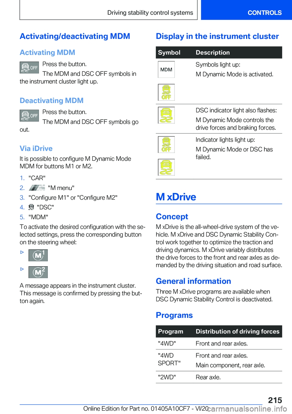 BMW M5 2021  Owners Manual �A�c�t�i�v�a�t�i�n�g�/�d�e�a�c�t�i�v�a�t�i�n�g��M�D�M
�A�c�t�i�v�a�t�i�n�g��M�D�M �P�r�e�s�s��t�h�e��b�u�t�t�o�n�.
�T�h�e��M�D�M��a�n�d��D�S�C��O�F�F��s�y�m�b�o�l�s��i�n
�t�h�e��i�n�s�t�r�u