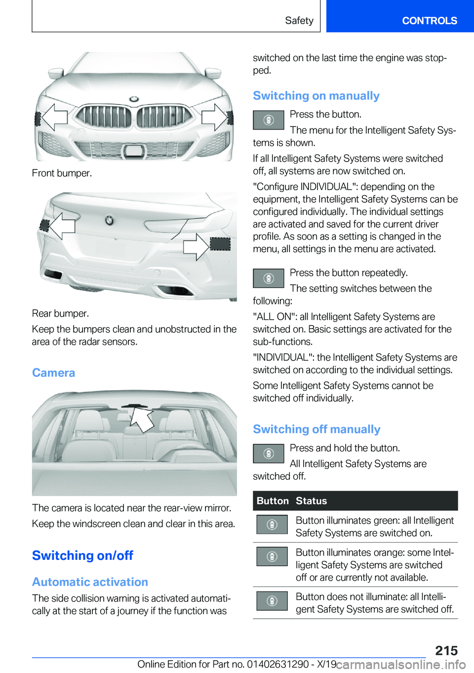 BMW M8 2020  Owners Manual �F�r�o�n�t��b�u�m�p�e�r�.
�R�e�a�r��b�u�m�p�e�r�.
�K�e�e�p��t�h�e��b�u�m�p�e�r�s��c�l�e�a�n��a�n�d��u�n�o�b�s�t�r�u�c�t�e�d��i�n��t�h�e �a�r�e�a��o�f��t�h�e��r�a�d�a�r��s�e�n�s�o�r�s�.
�C