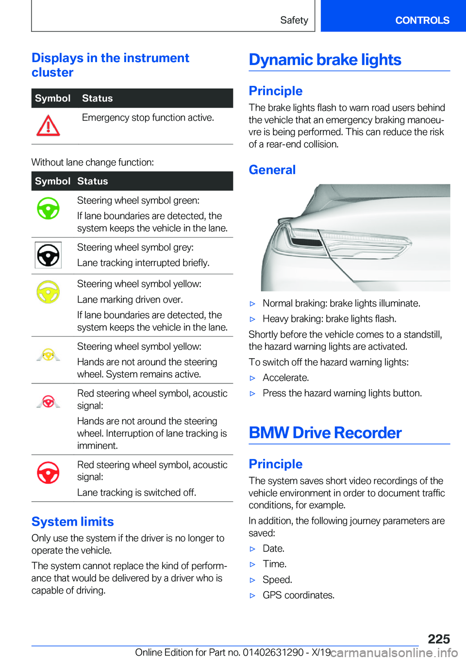 BMW M8 2020  Owners Manual �D�i�s�p�l�a�y�s��i�n��t�h�e��i�n�s�t�r�u�m�e�n�t
�c�l�u�s�t�e�r�S�y�m�b�o�l�S�t�a�t�u�s�E�m�e�r�g�e�n�c�y��s�t�o�p��f�u�n�c�t�i�o�n��a�c�t�i�v�e�.
�W�i�t�h�o�u�t��l�a�n�e��c�h�a�n�g�e��f�u�n