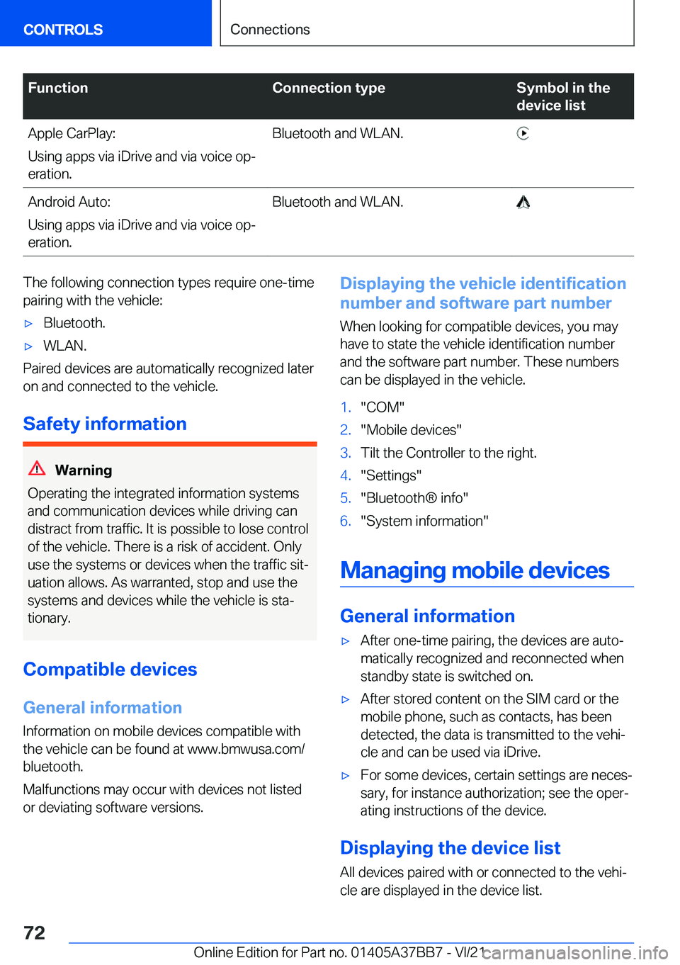 BMW M8 CONVERTIBLE 2022  Owners Manual �F�u�n�c�t�i�o�n�C�o�n�n�e�c�t�i�o�n��t�y�p�e�S�y�m�b�o�l��i�n��t�h�e
�d�e�v�i�c�e��l�i�s�t�A�p�p�l�e��C�a�r�P�l�a�y�:
�U�s�i�n�g��a�p�p�s��v�i�a��i�D�r�i�v�e��a�n�d��v�i�a��v�o�i�c�e��o�p
