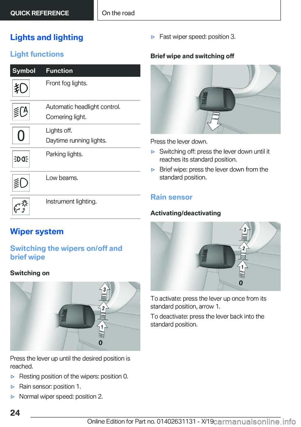 BMW X1 2020  Owners Manual �L�i�g�h�t�s��a�n�d��l�i�g�h�t�i�n�g
�L�i�g�h�t��f�u�n�c�t�i�o�n�s�S�y�m�b�o�l�F�u�n�c�t�i�o�n�F�r�o�n�t��f�o�g��l�i�g�h�t�s�.�A�u�t�o�m�a�t�i�c��h�e�a�d�l�i�g�h�t��c�o�n�t�r�o�l�.
�C�o�r�n�e�r