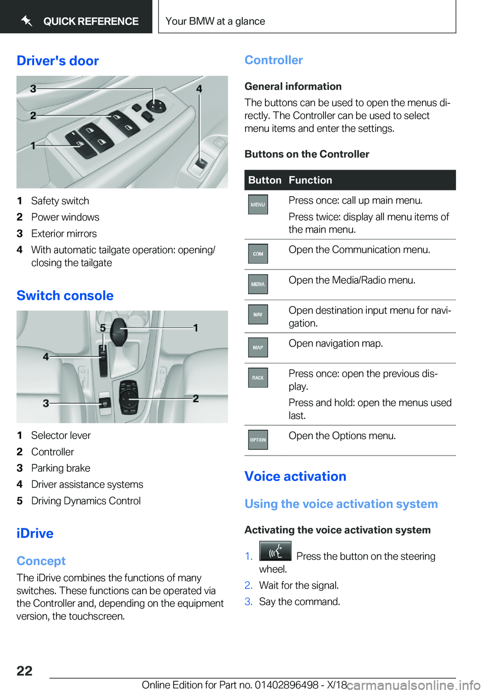 BMW X1 2019  Owners Manual �D�r�i�v�e�r�'�s��d�o�o�r�1�S�a�f�e�t�y��s�w�i�t�c�h�2�P�o�w�e�r��w�i�n�d�o�w�s�3�E�x�t�e�r�i�o�r��m�i�r�r�o�r�s�4�W�i�t�h��a�u�t�o�m�a�t�i�c��t�a�i�l�g�a�t�e��o�p�e�r�a�t�i�o�n�:��o�p�e�n