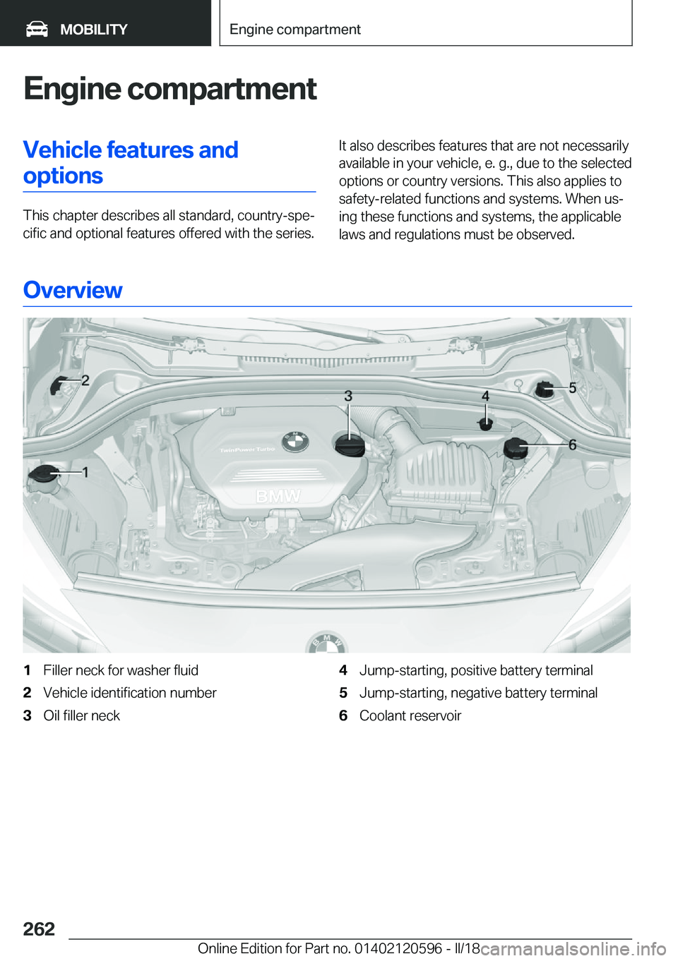 BMW X1 2018  Owners Manual �E�n�g�i�n�e��c�o�m�p�a�r�t�m�e�n�t�V�e�h�i�c�l�e��f�e�a�t�u�r�e�s��a�n�d�o�p�t�i�o�n�s
�T�h�i�s� �c�h�a�p�t�e�r� �d�e�s�c�r�i�b�e�s� �a�l�l� �s�t�a�n�d�a�r�d�,� �c�o�u�n�t�r�y�-�s�p�ej�c�i�f�i�c�