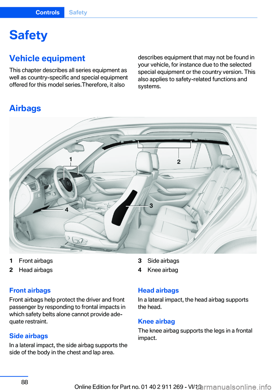 BMW X1 SDRIVE28I 2014  Owners Manual SafetyVehicle equipment
This chapter describes all series equipment as
well as country-specific and special equipment
offered for this model series.Therefore, it alsodescribes equipment that may not b