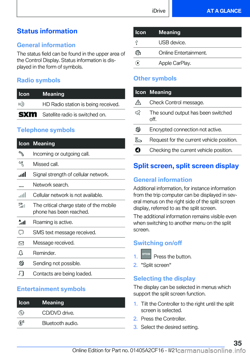 BMW X2 2022  Owners Manual �S�t�a�t�u�s��i�n�f�o�r�m�a�t�i�o�n�G�e�n�e�r�a�l��i�n�f�o�r�m�a�t�i�o�n
�T�h�e��s�t�a�t�u�s��f�i�e�l�d��c�a�n��b�e��f�o�u�n�d��i�n��t�h�e��u�p�p�e�r��a�r�e�a��o�f
�t�h�e��C�o�n�t�r�o�l�