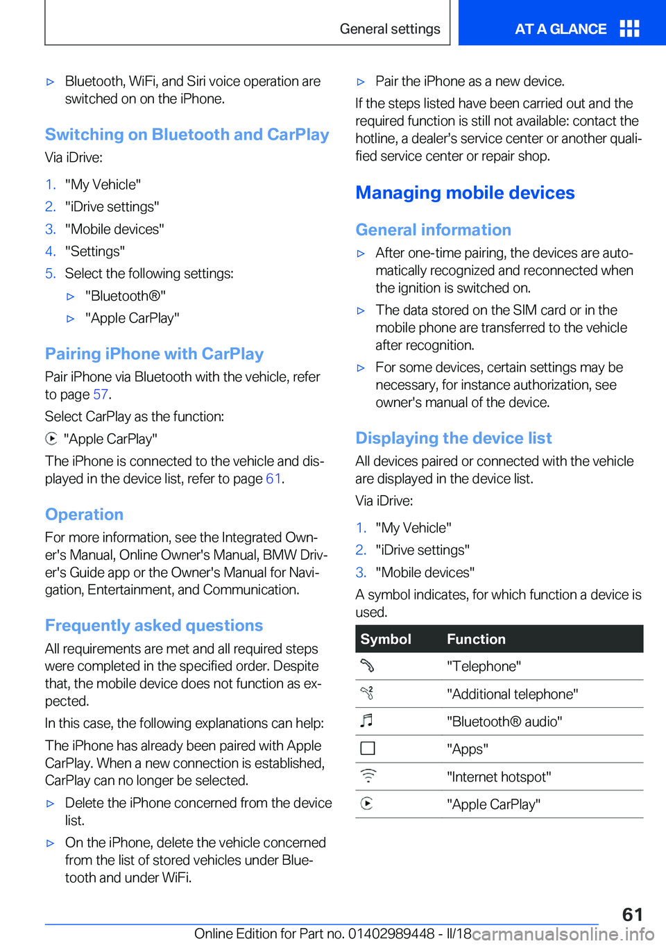 BMW X2 2018  Owners Manual 'x�B�l�u�e�t�o�o�t�h�,� �W�i�F�i�,� �a�n�d� �S�i�r�i� �v�o�i�c�e� �o�p�e�r�a�t�i�o�n� �a�r�e
�s�w�i�t�c�h�e�d� �o�n� �o�n� �t�h�e� �i�P�h�o�n�e�.
�S�w�i�t�c�h�i�n�g��o�n��B�l�u�e�t�o�o�t�h��a�n