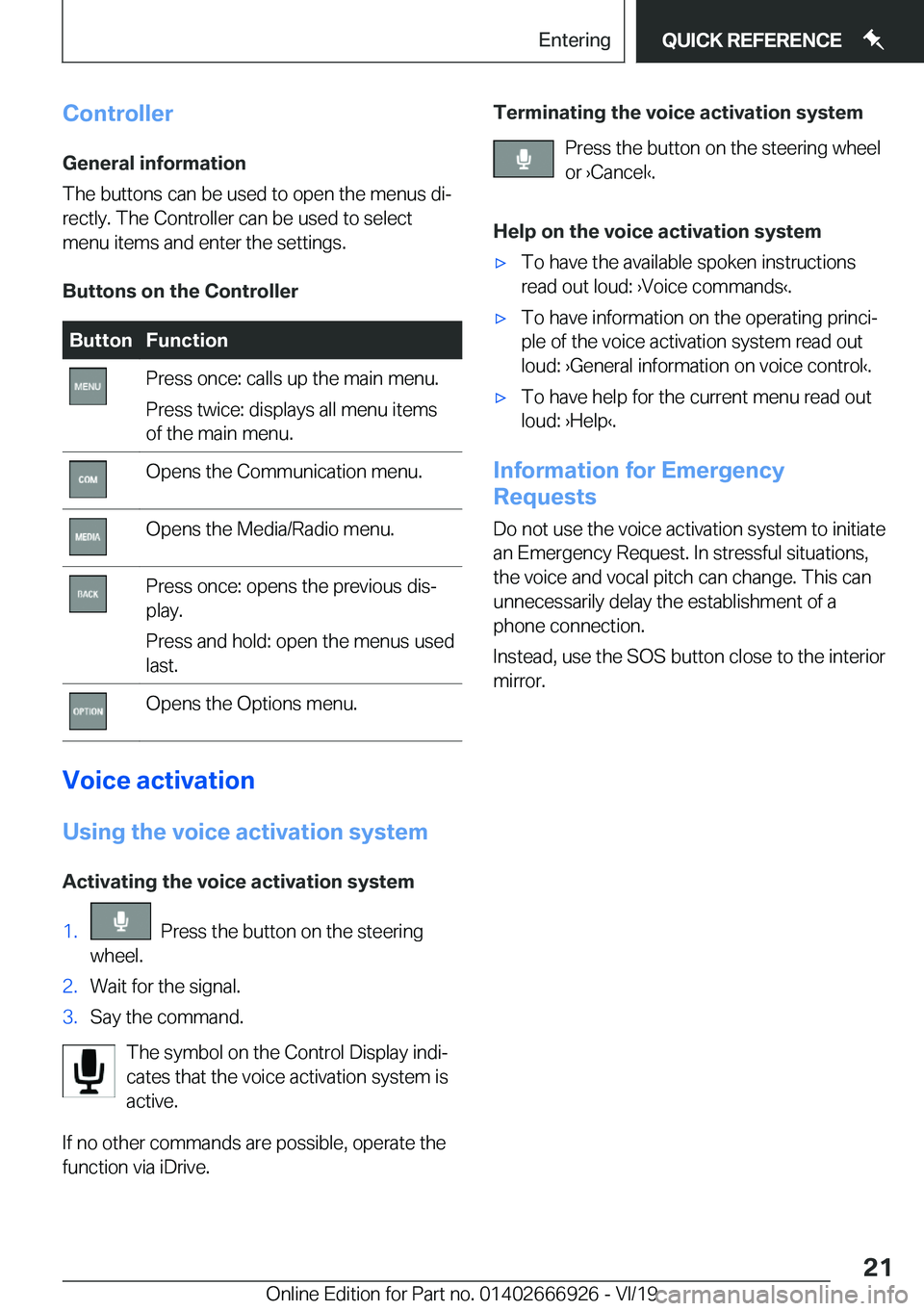BMW X3 2020  Owners Manual �C�o�n�t�r�o�l�l�e�r�G�e�n�e�r�a�l��i�n�f�o�r�m�a�t�i�o�n
�T�h�e��b�u�t�t�o�n�s��c�a�n��b�e��u�s�e�d��t�o��o�p�e�n��t�h�e��m�e�n�u�s��d�ij
�r�e�c�t�l�y�.��T�h�e��C�o�n�t�r�o�l�l�e�r��c�a
