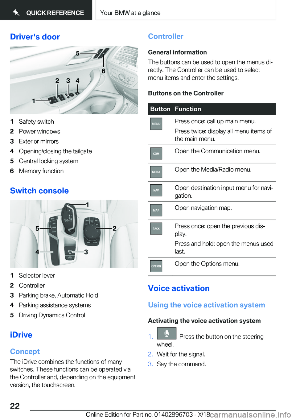 BMW X3 2019  Owners Manual �D�r�i�v�e�r�'�s��d�o�o�r�1�S�a�f�e�t�y��s�w�i�t�c�h�2�P�o�w�e�r��w�i�n�d�o�w�s�3�E�x�t�e�r�i�o�r��m�i�r�r�o�r�s�4�O�p�e�n�i�n�g�/�c�l�o�s�i�n�g��t�h�e��t�a�i�l�g�a�t�e�5�C�e�n�t�r�a�l��l�o