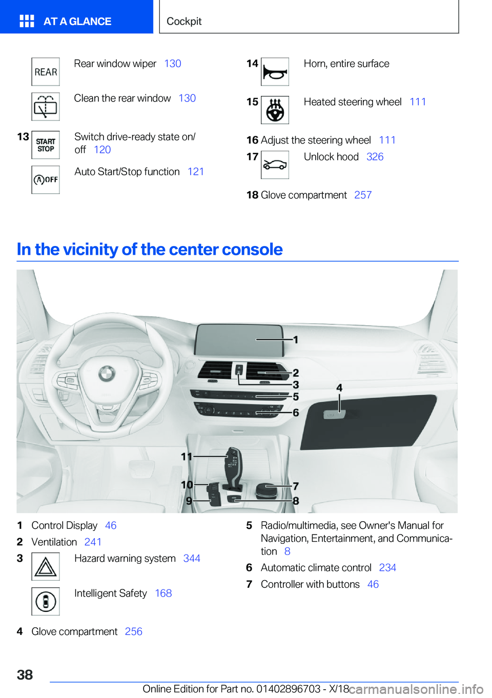 BMW X3 2019  Owners Manual �R�e�a�r��w�i�n�d�o�w��w�i�p�e�r\_�1�3�0�C�l�e�a�n��t�h�e��r�e�a�r��w�i�n�d�o�w\_ �1�3�0�1�3�S�w�i�t�c�h��d�r�i�v�e�-�r�e�a�d�y��s�t�a�t�e��o�n�/
�o�f�f\_ �1�2�0�A�u�t�o��S�t�a�r�t�/�S�