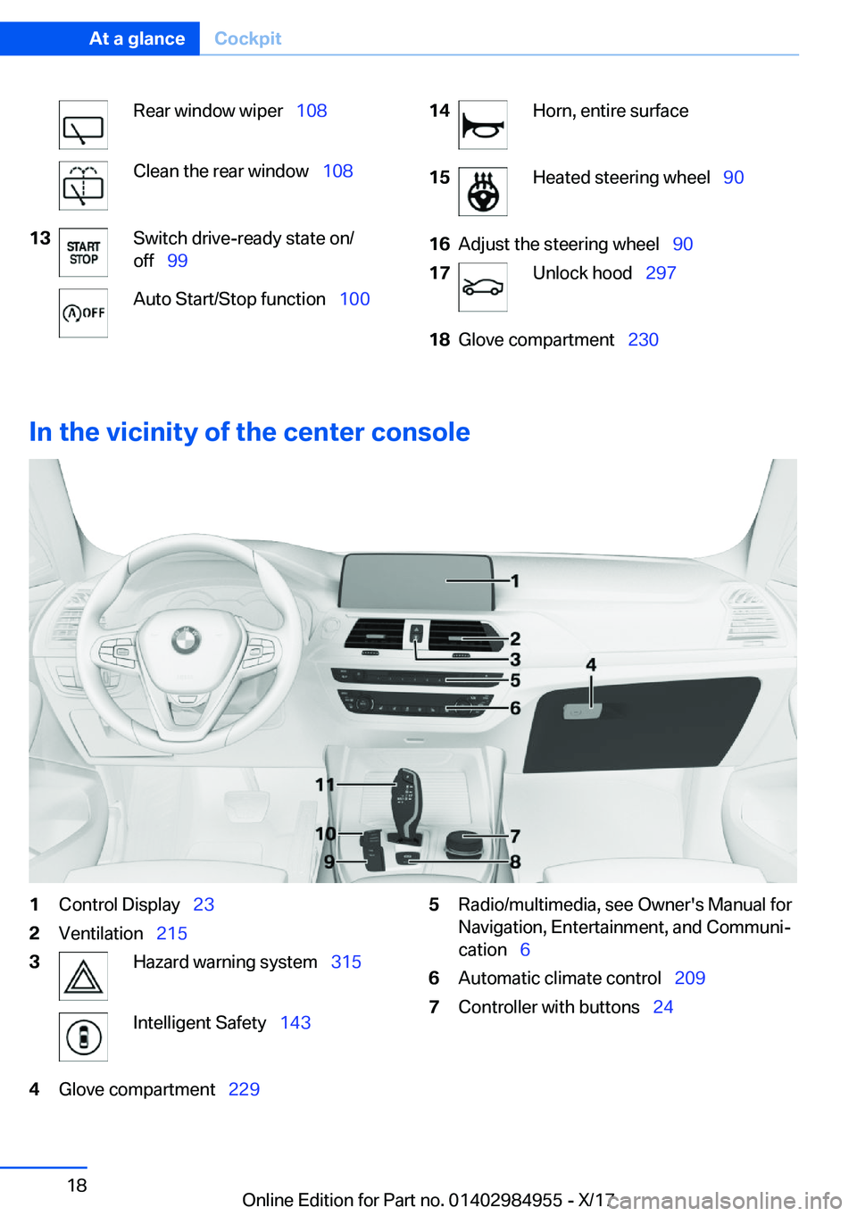 BMW X3 2018  Owners Manual �R�e�a�r� �w�i�n�d�o�w� �w�i�p�e�r\_�1�0�8�C�l�e�a�n� �t�h�e� �r�e�a�r� �w�i�n�d�o�w\_ �1�0�8�1�3�S�w�i�t�c�h� �d�r�i�v�e�-�r�e�a�d�y� �s�t�a�t�e� �o�n�/
�o�f�f\_ �9�9�A�u�t�o� �S�t�a�r�t�/�S�t�