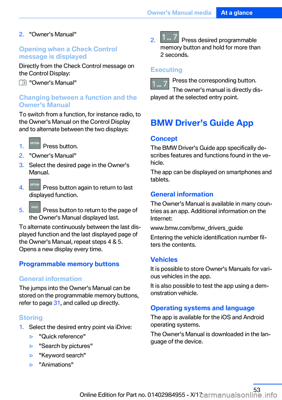 BMW X3 2018  Owners Manual �2�.�"�O�w�n�e�r�'�s� �M�a�n�u�a�l�"
�O�p�e�n�i�n�g��w�h�e�n��a��C�h�e�c�k��C�o�n�t�r�o�l
�m�e�s�s�a�g�e��i�s��d�i�s�p�l�a�y�e�d
�D�i�r�e�c�t�l�y� �f�r�o�m� �t�h�e� �C�h�e�c�k� �C�o�