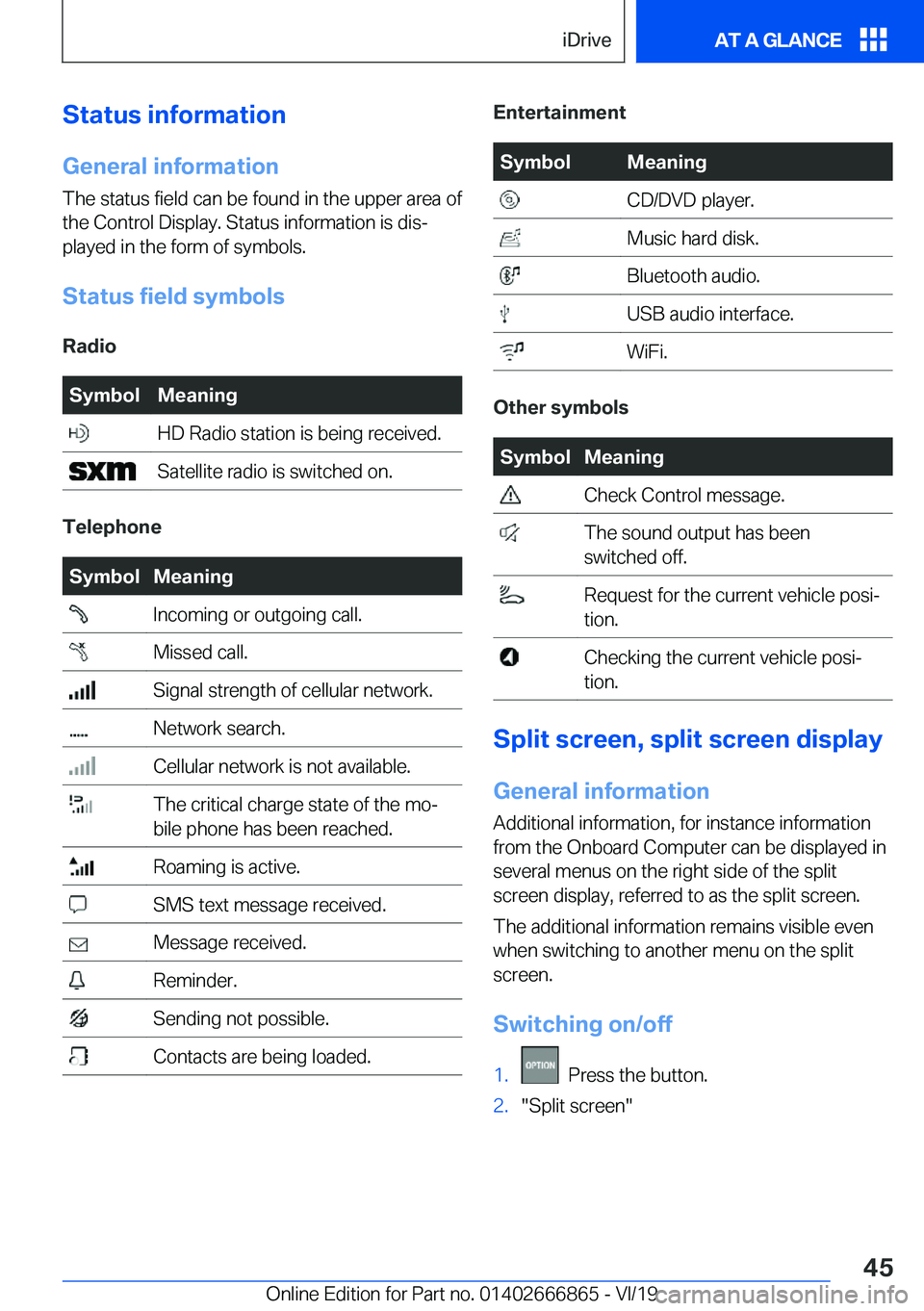 BMW X3 M 2020  Owners Manual �S�t�a�t�u�s��i�n�f�o�r�m�a�t�i�o�n�G�e�n�e�r�a�l��i�n�f�o�r�m�a�t�i�o�n
�T�h�e��s�t�a�t�u�s��f�i�e�l�d��c�a�n��b�e��f�o�u�n�d��i�n��t�h�e��u�p�p�e�r��a�r�e�a��o�f
�t�h�e��C�o�n�t�r�o�l�