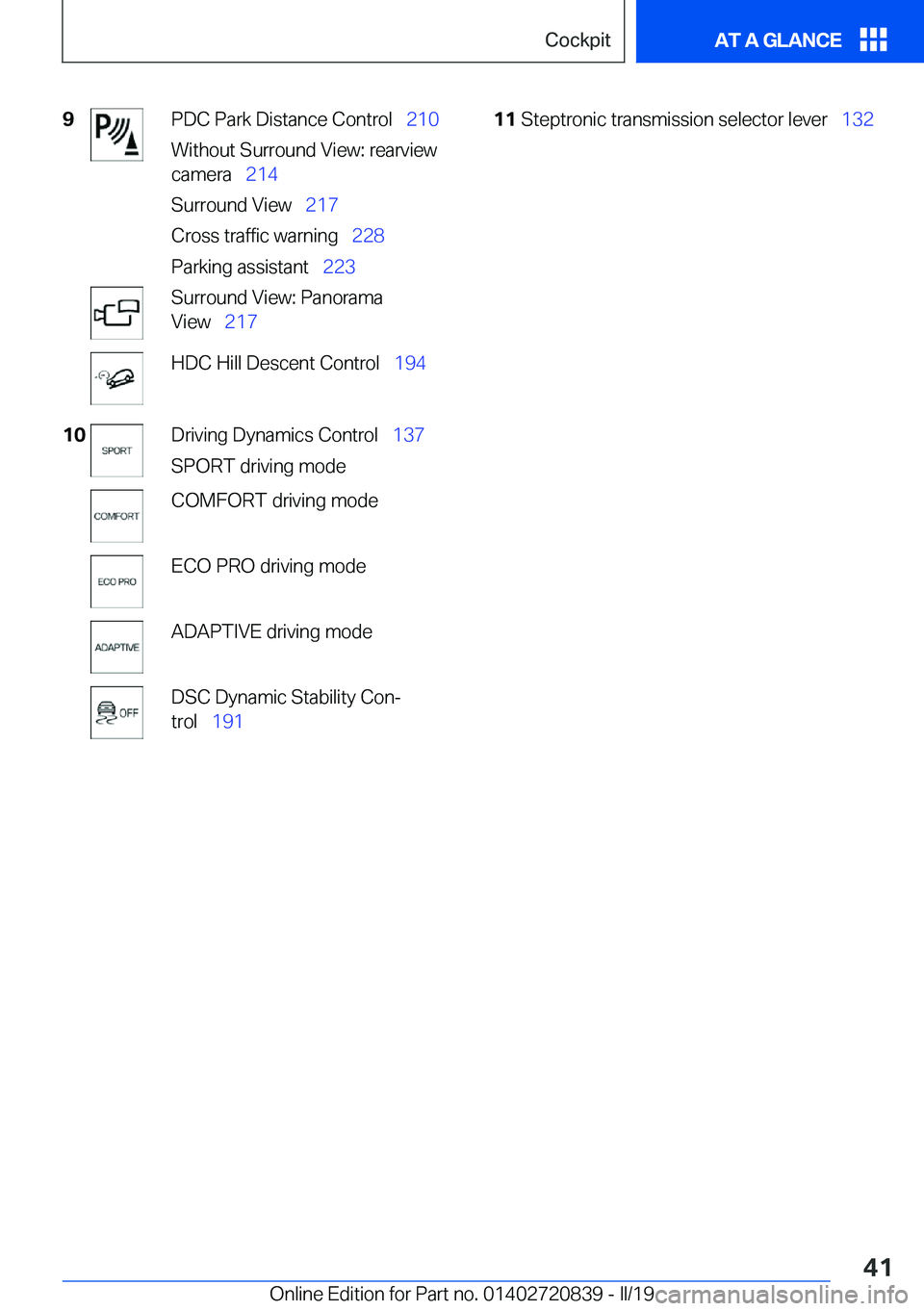 BMW X4 2019  Owners Manual �9�P�D�C��P�a�r�k��D�i�s�t�a�n�c�e��C�o�n�t�r�o�l\_�2�1�0
�W�i�t�h�o�u�t��S�u�r�r�o�u�n�d��V�i�e�w�:��r�e�a�r�v�i�e�w
�c�a�m�e�r�a\_ �2�1�4
�S�u�r�r�o�u�n�d��V�i�e�w\_ �2�1�7
�C�r�o�s�s�