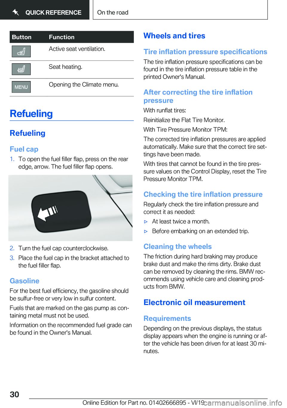 BMW X4 M 2020  Owners Manual �B�u�t�t�o�n�F�u�n�c�t�i�o�n�A�c�t�i�v�e��s�e�a�t��v�e�n�t�i�l�a�t�i�o�n�.�S�e�a�t��h�e�a�t�i�n�g�.�O�p�e�n�i�n�g��t�h�e��C�l�i�m�a�t�e��m�e�n�u�.
�R�e�f�u�e�l�i�n�g
�R�e�f�u�e�l�i�n�g�F�u�e�l�