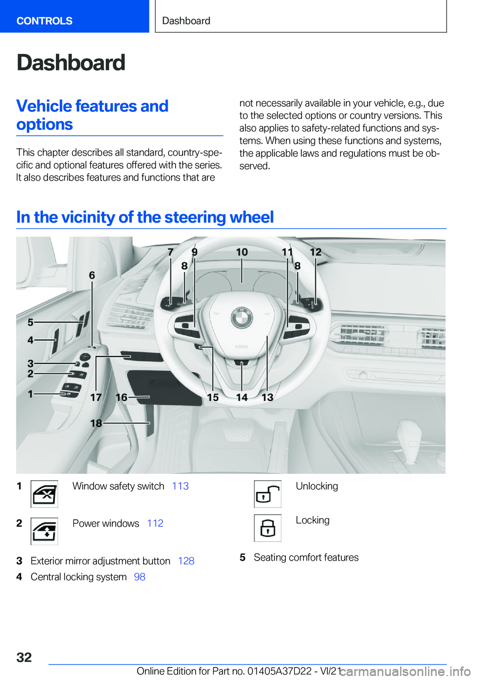 BMW X5 2022  Owners Manual �D�a�s�h�b�o�a�r�d�V�e�h�i�c�l�e��f�e�a�t�u�r�e�s��a�n�d�o�p�t�i�o�n�s
�T�h�i�s��c�h�a�p�t�e�r��d�e�s�c�r�i�b�e�s��a�l�l��s�t�a�n�d�a�r�d�,��c�o�u�n�t�r�y�-�s�p�e#j�c�i�f�i�c��a�n�d��o�p�t�i�
