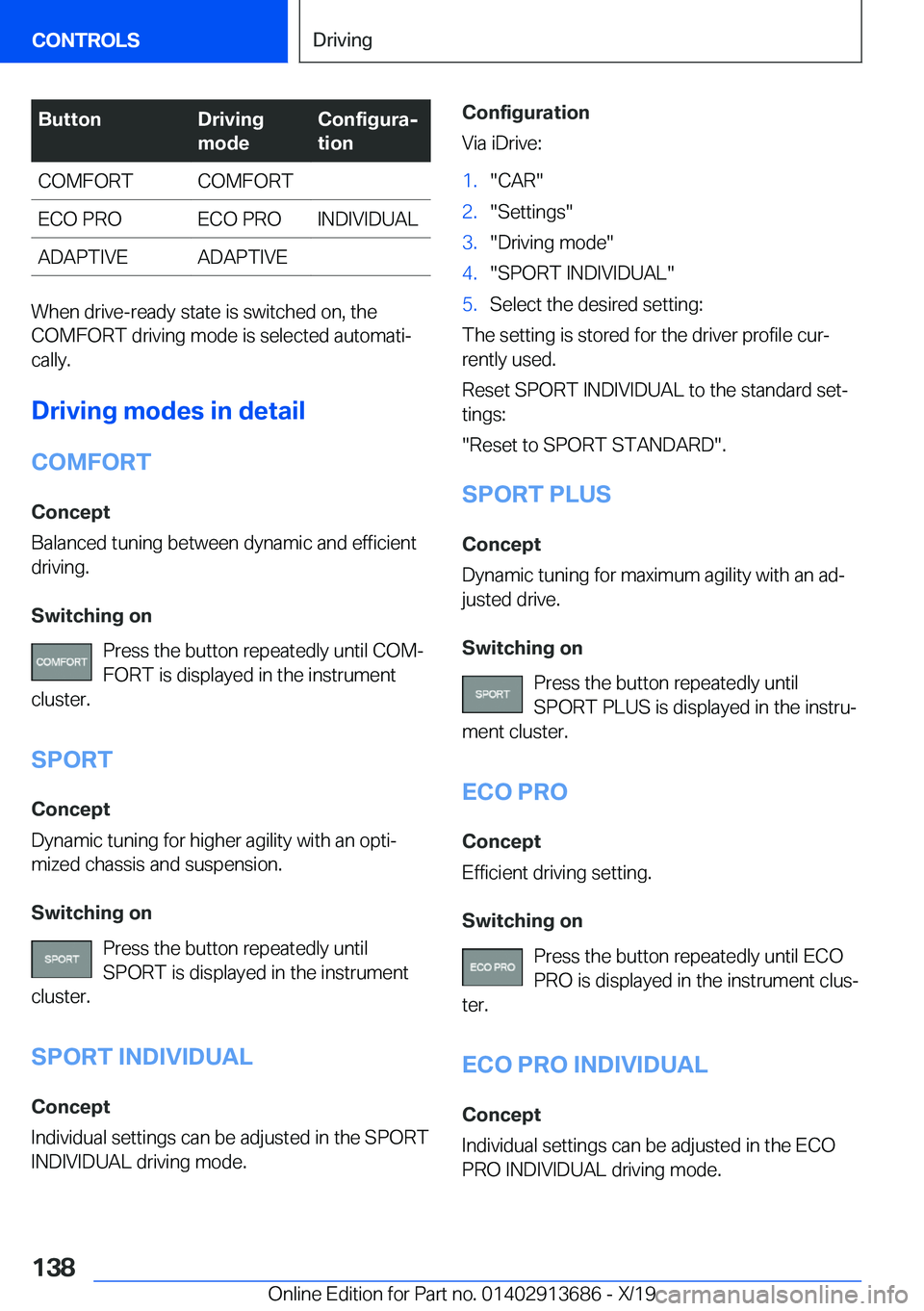 BMW X5 2020  Owners Manual �B�u�t�t�o�n�D�r�i�v�i�n�g
�m�o�d�e�C�o�n�f�i�g�u�r�aj
�t�i�o�n�C�O�M�F�O�R�T�C�O�M�F�O�R�T�E�C�O��P�R�O�E�C�O��P�R�O�I�N�D�I�V�I�D�U�A�L�A�D�A�P�T�I�V�E�A�D�A�P�T�I�V�E
�W�h�e�n��d�r�i�v�e�-�r�e�