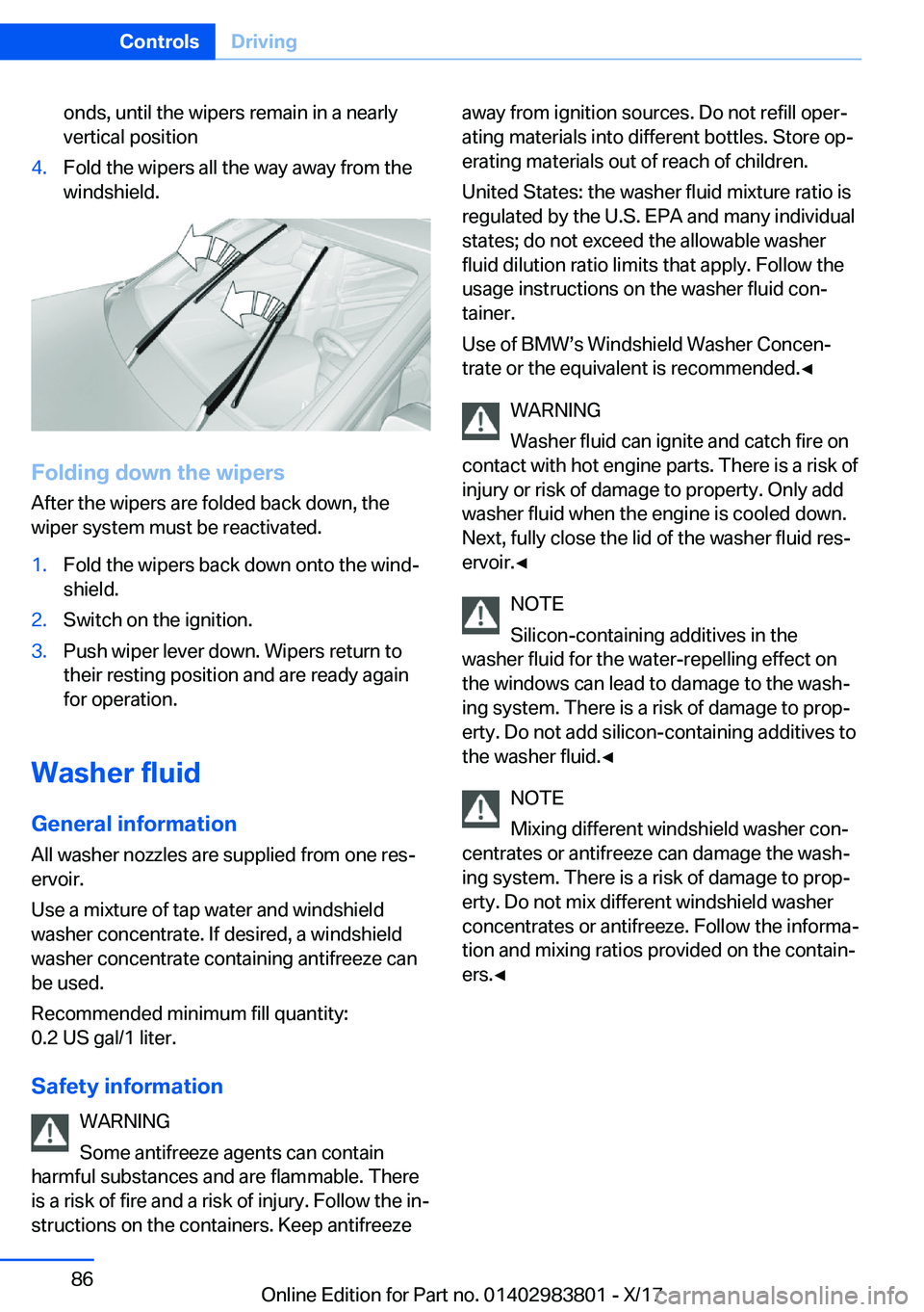 BMW X5 2018  Owners Manual �o�n�d�s�,� �u�n�t�i�l� �t�h�e� �w�i�p�e�r�s� �r�e�m�a�i�n� �i�n� �a� �n�e�a�r�l�y�v�e�r�t�i�c�a�l� �p�o�s�i�t�i�o�n�4�.�F�o�l�d� �t�h�e� �w�i�p�e�r�s� �a�l�l� �t�h�e� �w�a�y� �a�w�a�y� �f�r�o�m� �t�h