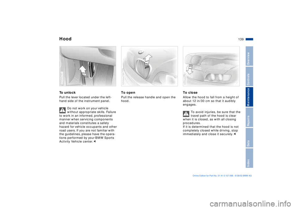 BMW X5 3.0I 2003  Owners Manual 139n
OverviewControlsMaintenanceRepairsDataIndex
HoodTo unlock Pull the lever located under the left-
hand side of the instrument panel. 
Do not work on your vehicle 
without appropriate skills. Failu