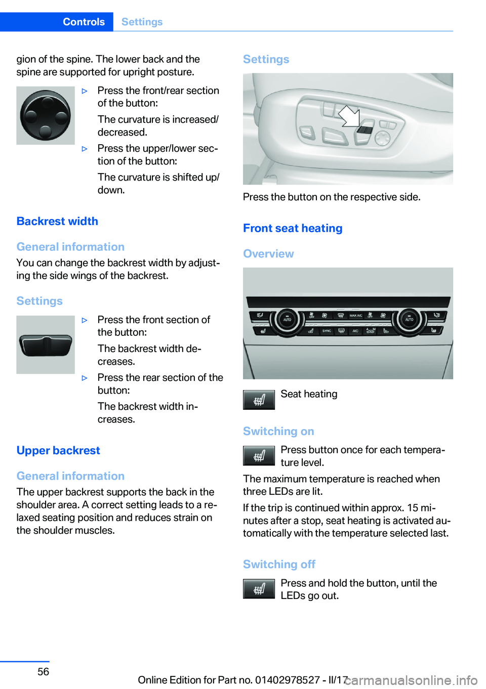 BMW X5M 2017  Owners Manual �g�i�o�n� �o�f� �t�h�e� �s�p�i�n�e�.� �T�h�e� �l�o�w�e�r� �b�a�c�k� �a�n�d� �t�h�e�s�p�i�n�e� �a�r�e� �s�u�p�p�o�r�t�e�d� �f�o�r� �u�p�r�i�g�h�t� �p�o�s�t�u�r�e�.'y�P�r�e�s�s� �t�h�e� �f�r�o�n�t�/